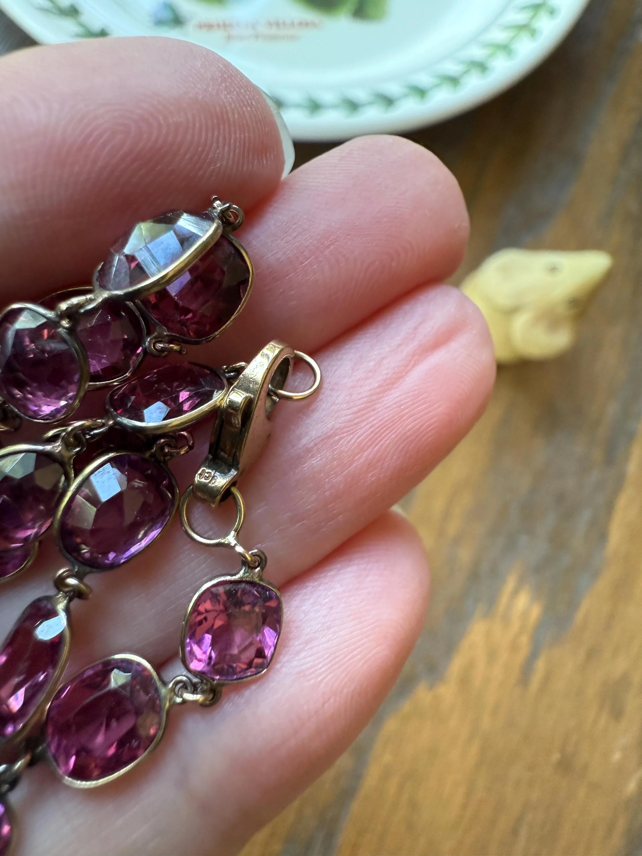 Antique 36 GARNET Riviera Station Chain 10k GOLD Berry Purple Pink Chunky Lariat Y Necklace Collar - Image 10