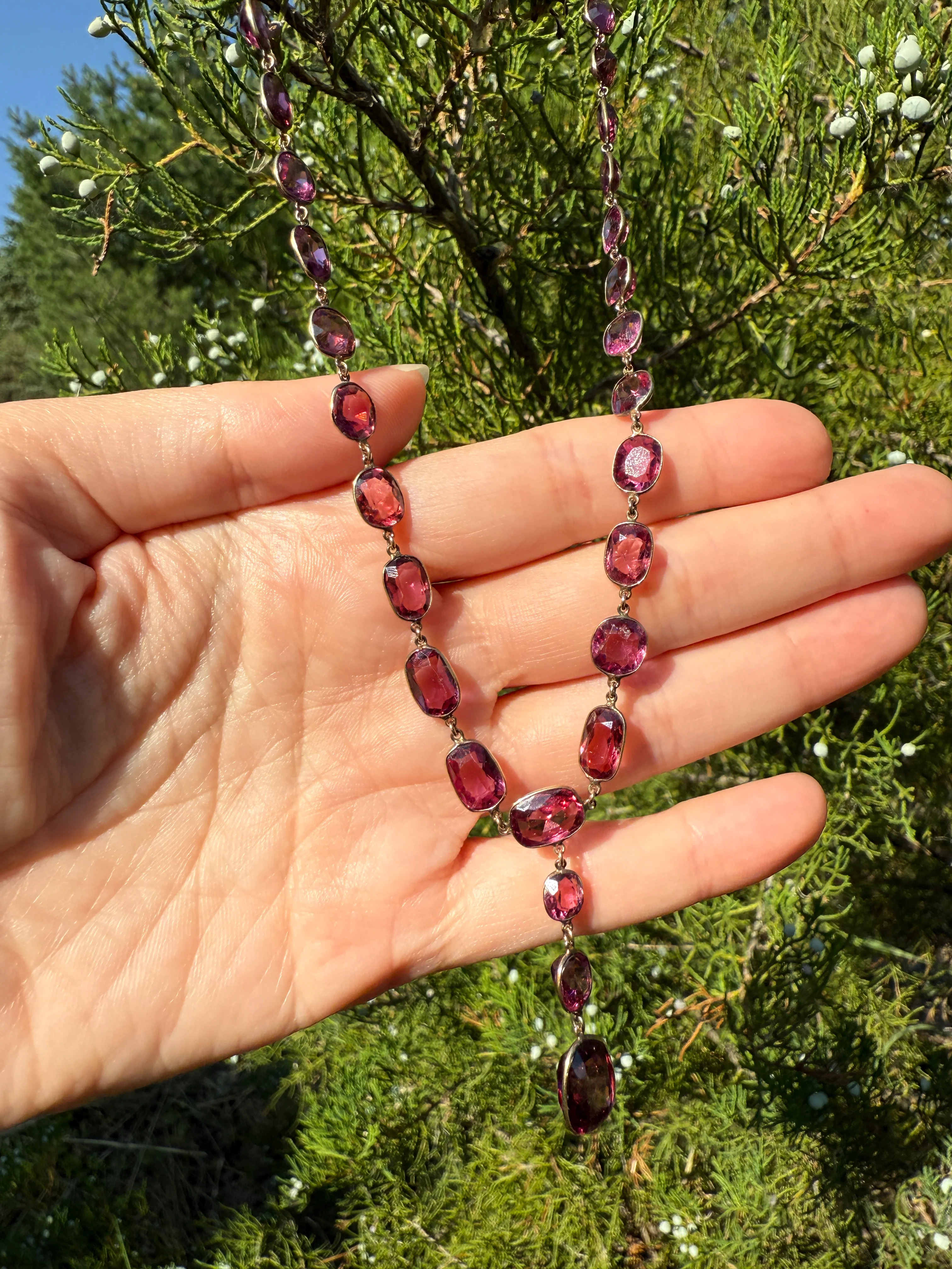 Antique 36 GARNET Riviera Station Chain 10k GOLD Berry Purple Pink Chunky Lariat Y Necklace Collar - Image 13