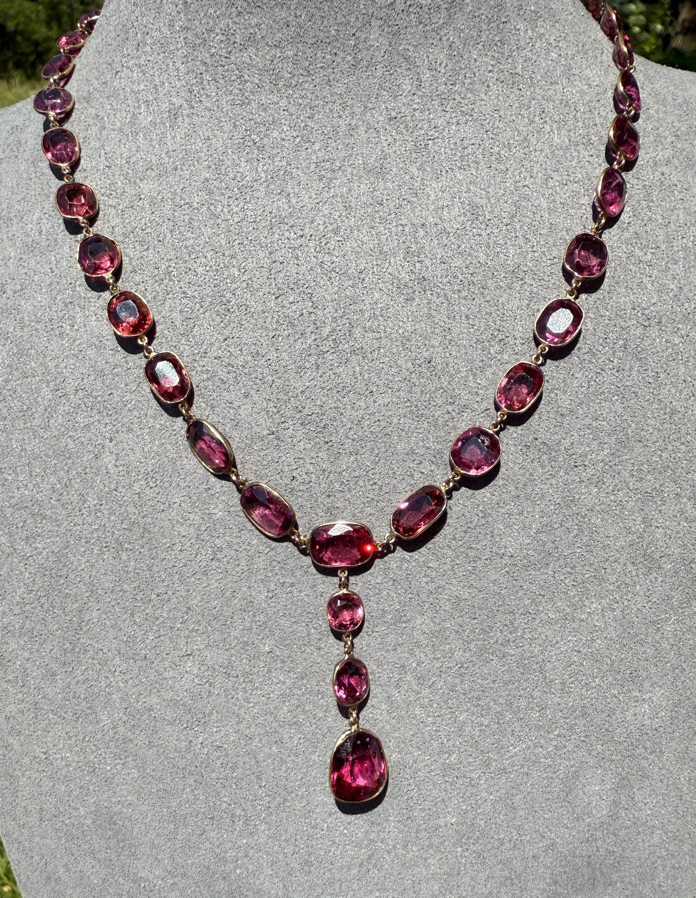 Antique 36 GARNET Riviera Station Chain 10k GOLD Berry Purple Pink Chunky Lariat Y Necklace Collar - Image 17