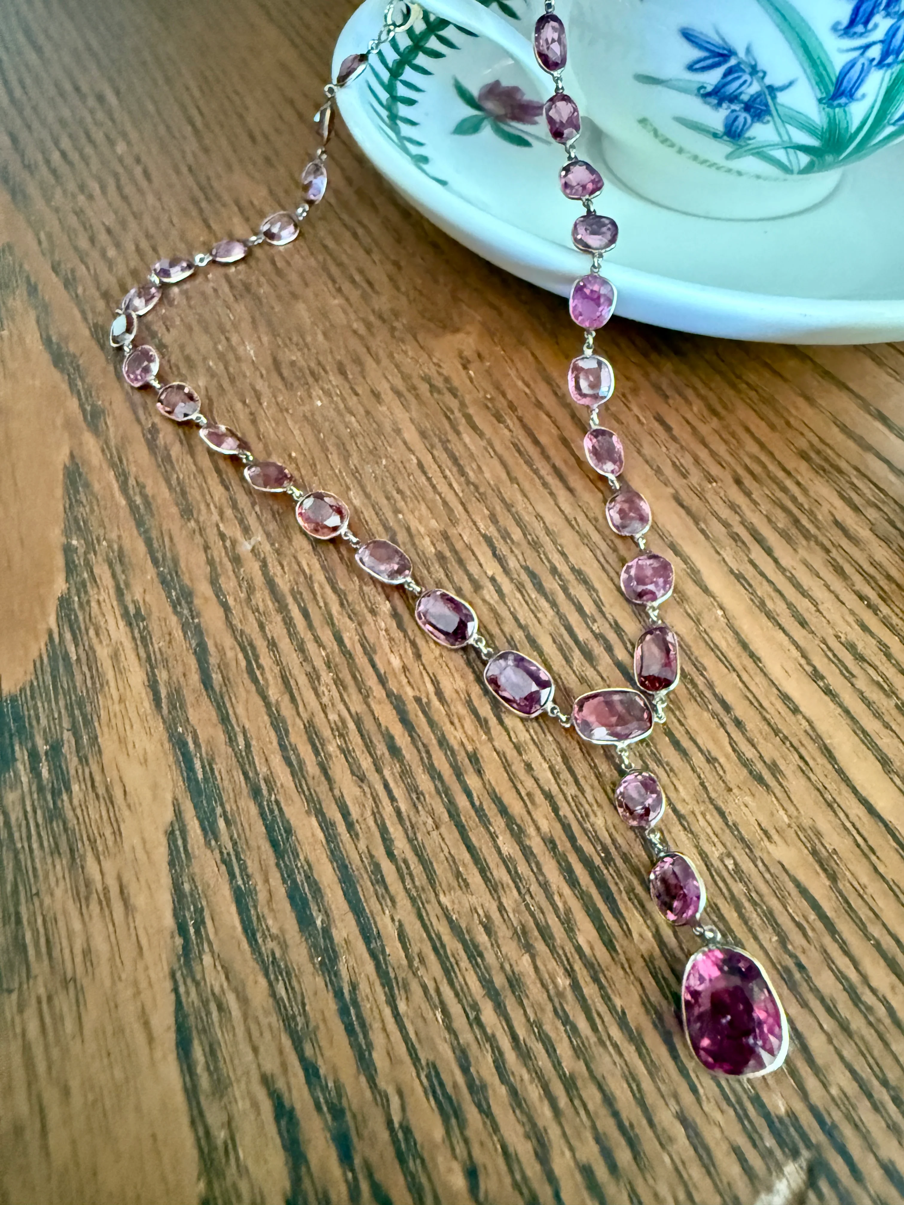 Antique 36 GARNET Riviera Station Chain 10k GOLD Berry Purple Pink Chunky Lariat Y Necklace Collar - Image 18