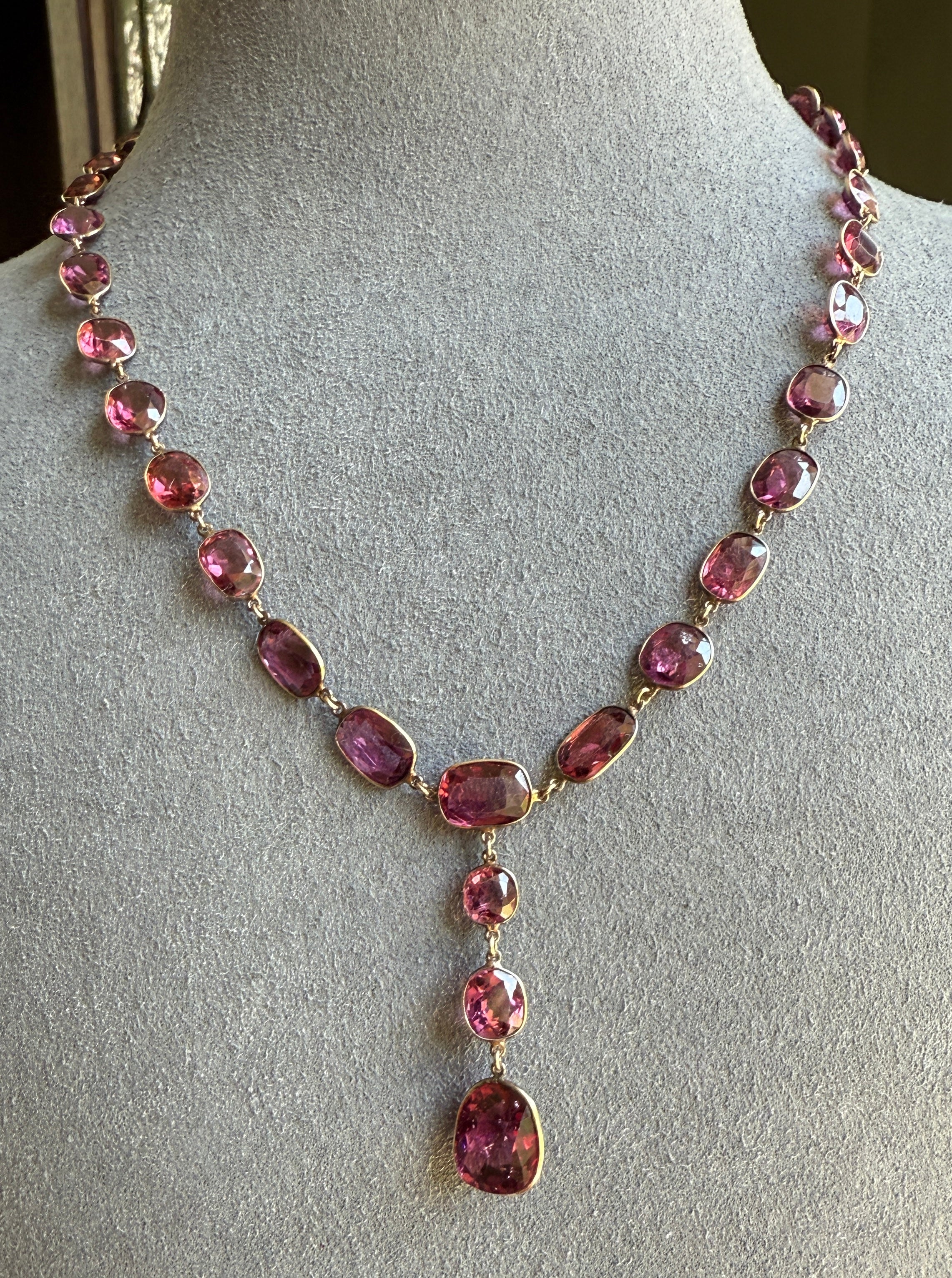 Antique 36 GARNET Riviera Station Chain 10k GOLD Berry Purple Pink Chunky Lariat Y Necklace Collar - Image 19