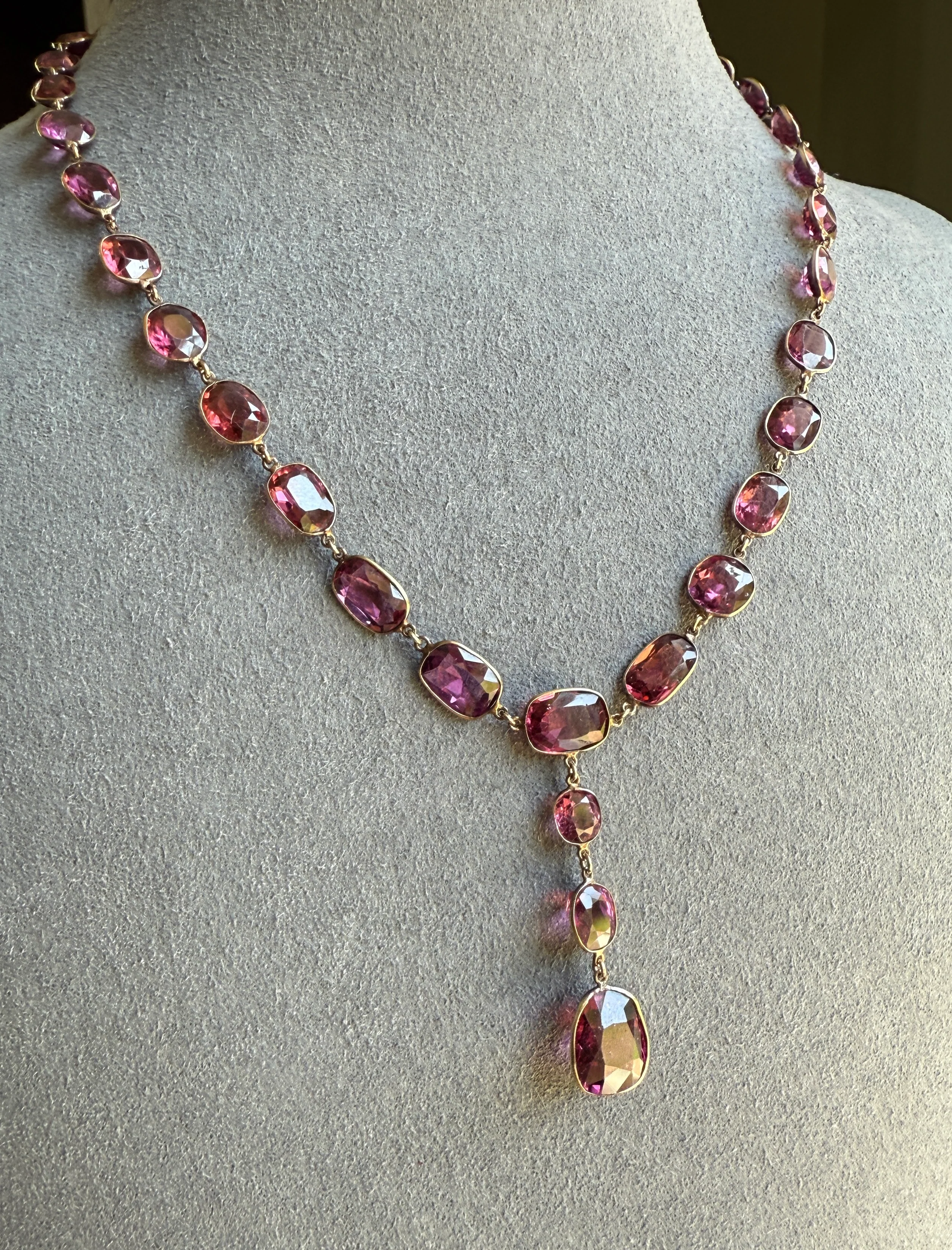 Antique 36 GARNET Riviera Station Chain 10k GOLD Berry Purple Pink Chunky Lariat Y Necklace Collar - Image 20