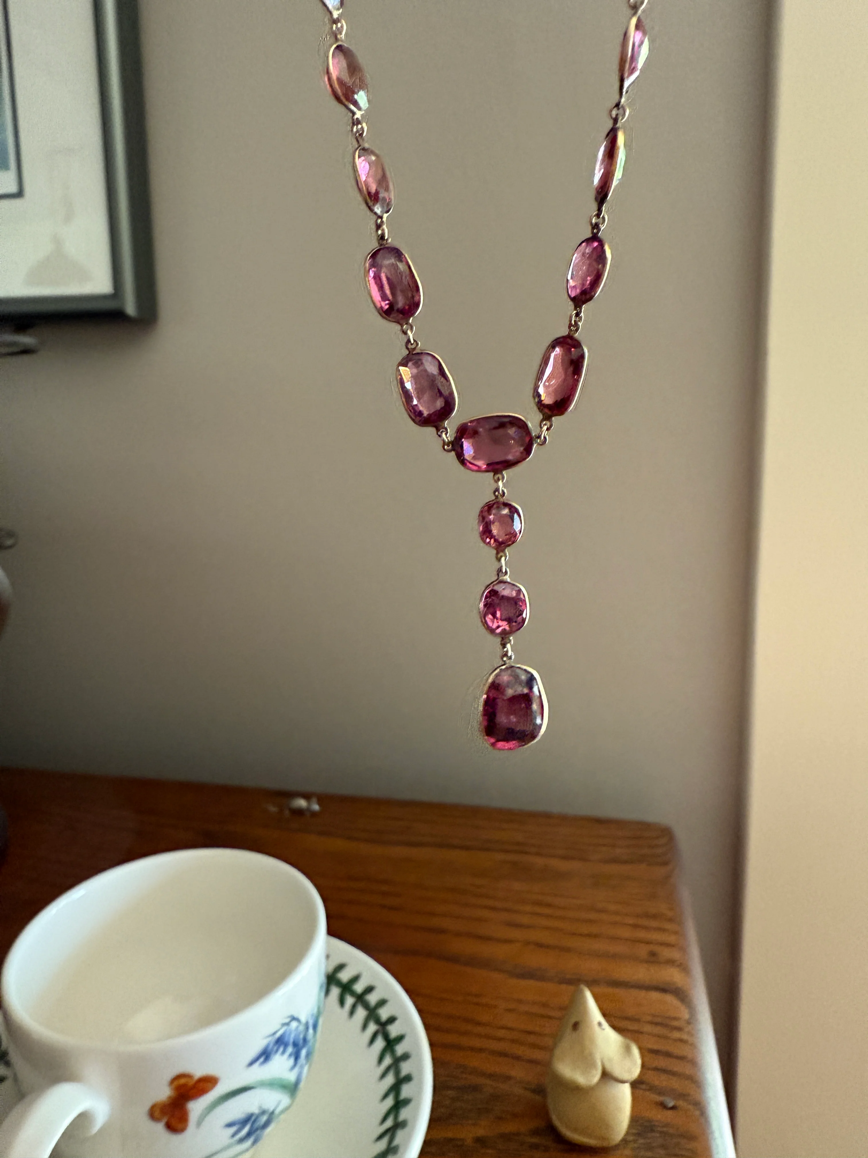 Antique 36 GARNET Riviera Station Chain 10k GOLD Berry Purple Pink Chunky Lariat Y Necklace Collar - Image 21