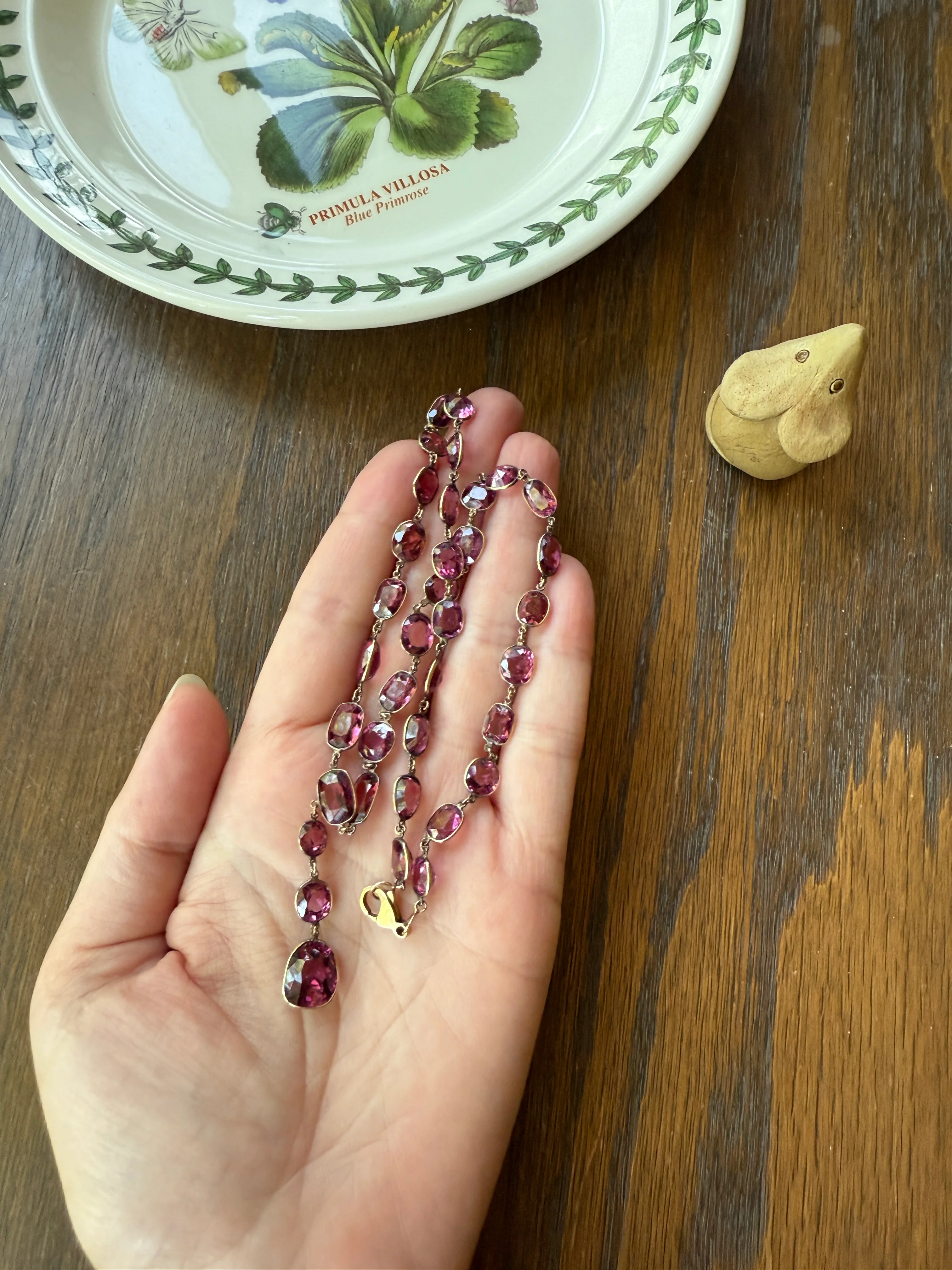 Antique 36 GARNET Riviera Station Chain 10k GOLD Berry Purple Pink Chunky Lariat Y Necklace Collar - Image 24