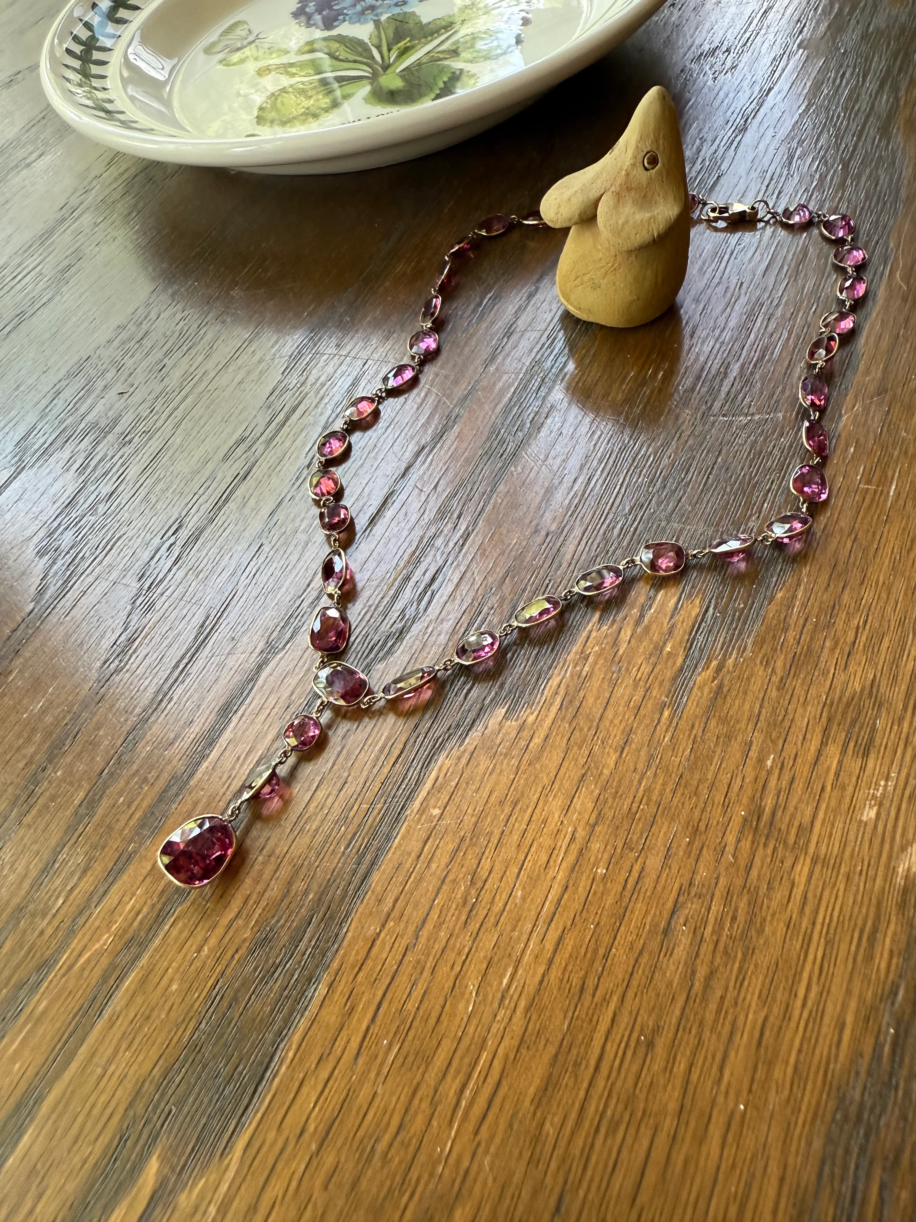 Antique 36 GARNET Riviera Station Chain 10k GOLD Berry Purple Pink Chunky Lariat Y Necklace Collar - Image 25