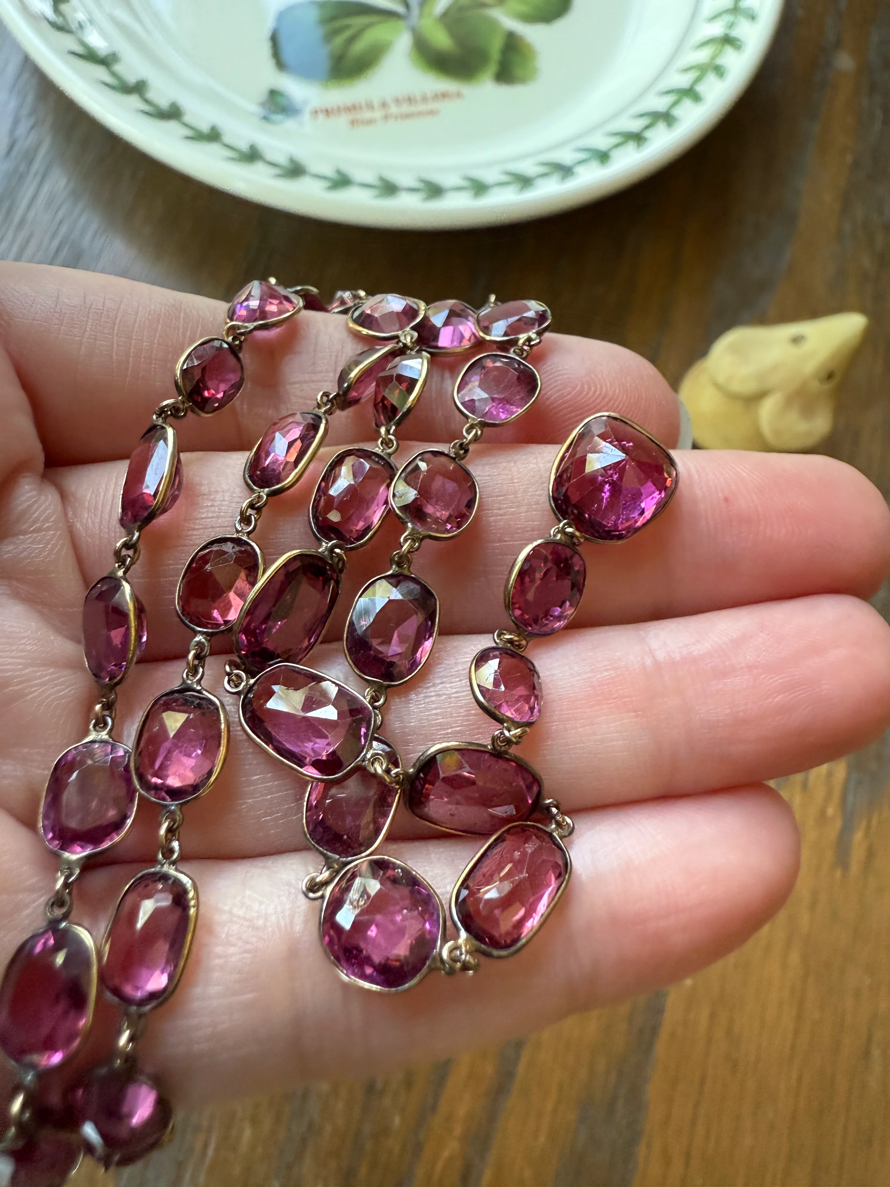 Antique 36 GARNET Riviera Station Chain 10k GOLD Berry Purple Pink Chunky Lariat Y Necklace Collar - Image 26