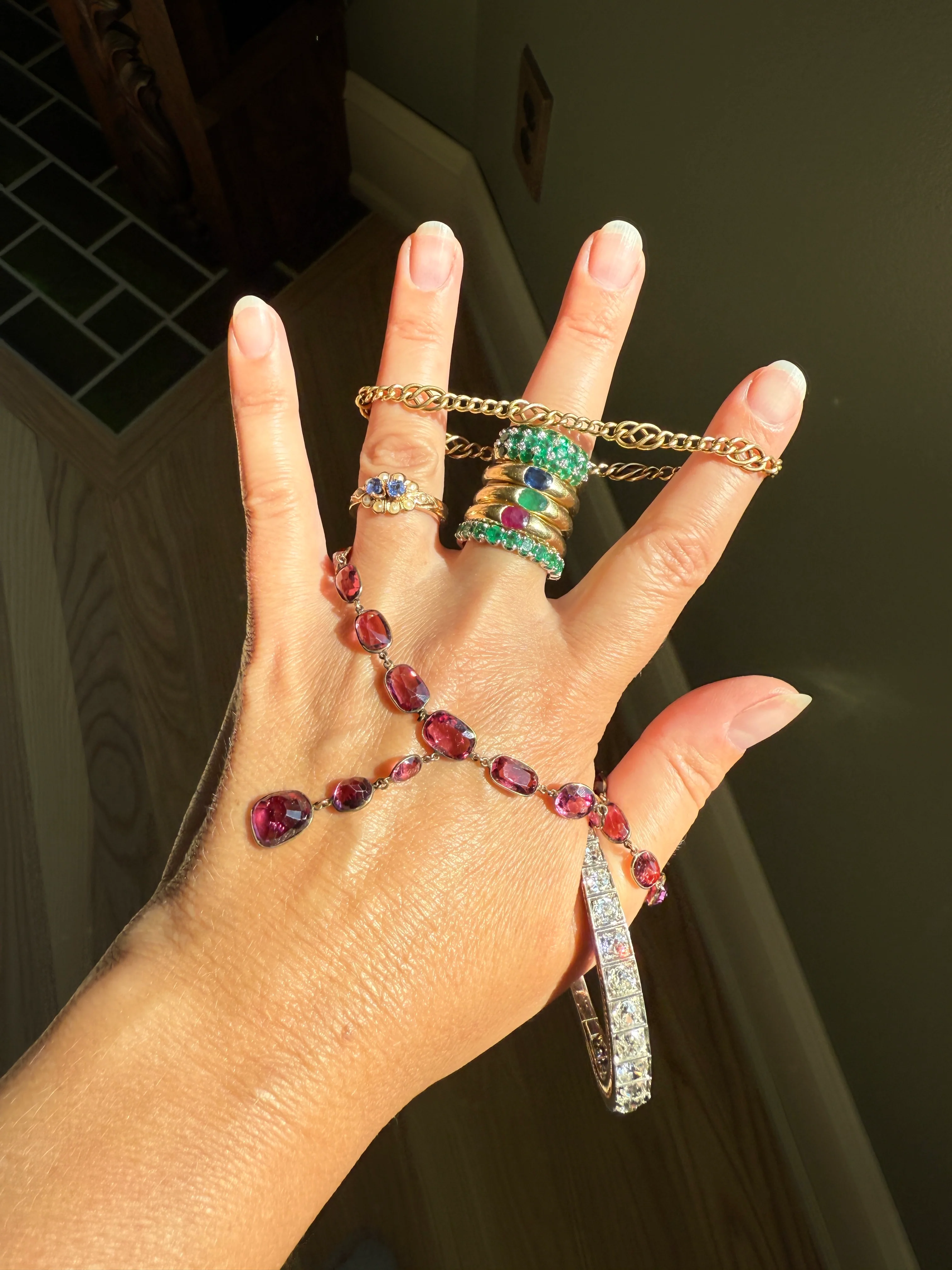 Antique 36 GARNET Riviera Station Chain 10k GOLD Berry Purple Pink Chunky Lariat Y Necklace Collar - Image 27