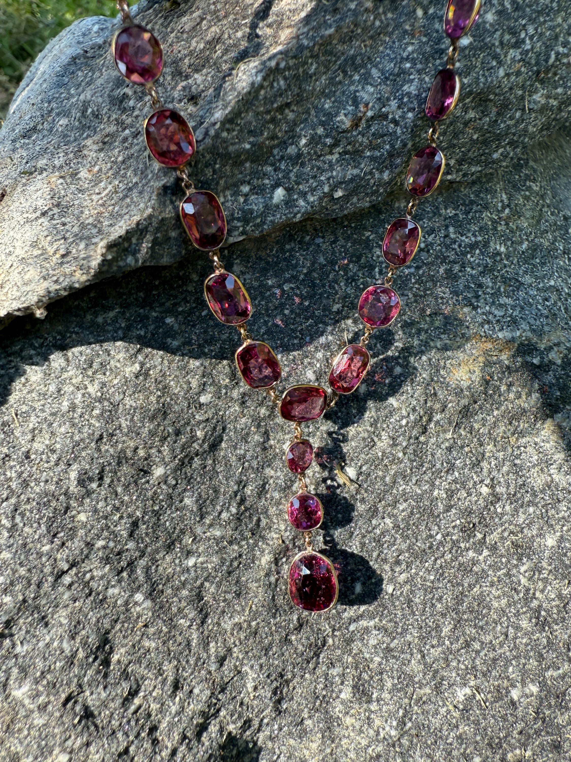 Antique 36 GARNET Riviera Station Chain 10k GOLD Berry Purple Pink Chunky Lariat Y Necklace Collar - Image 3