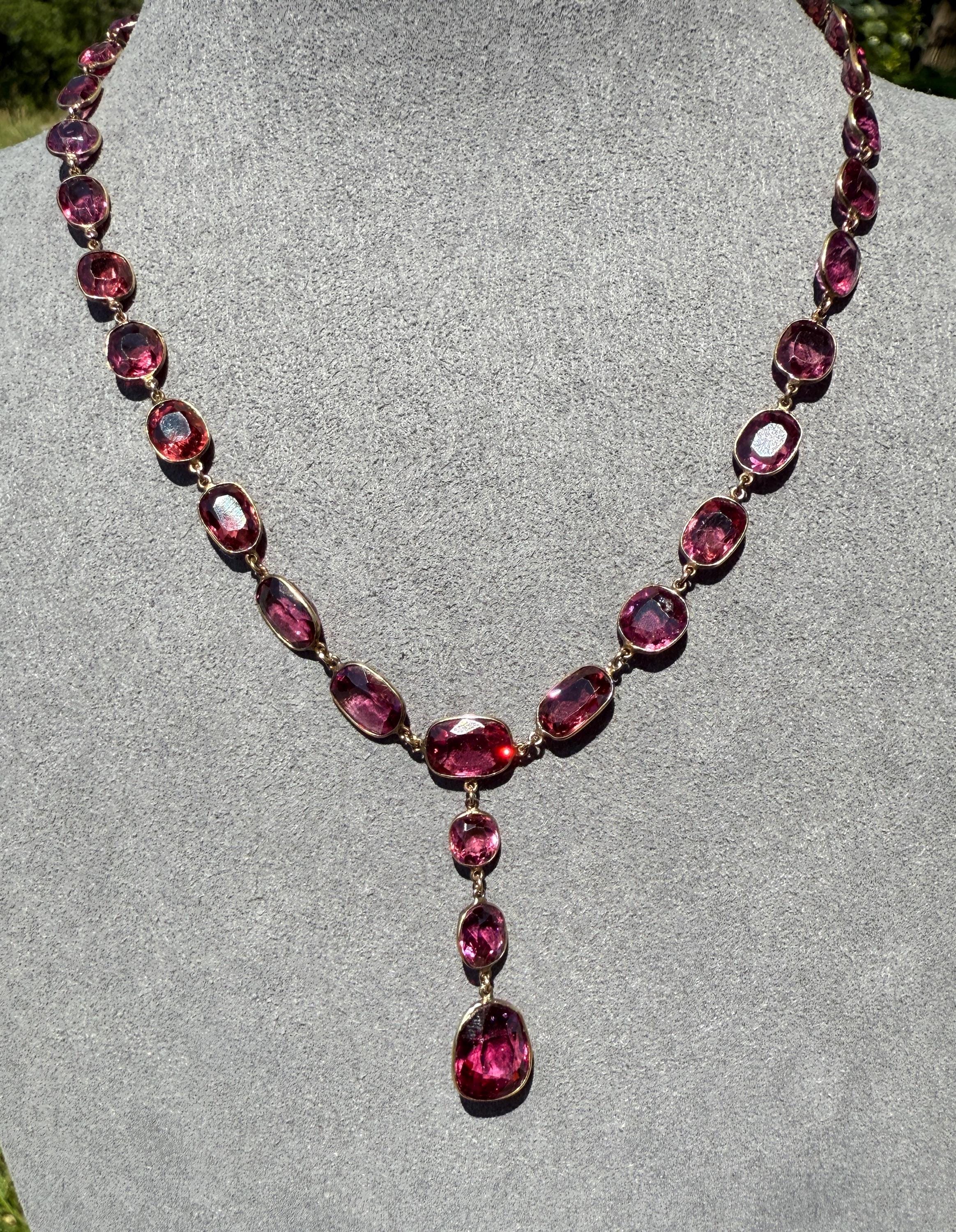 Antique 36 GARNET Riviera Station Chain 10k GOLD Berry Purple Pink Chunky Lariat Y Necklace Collar - Image 4