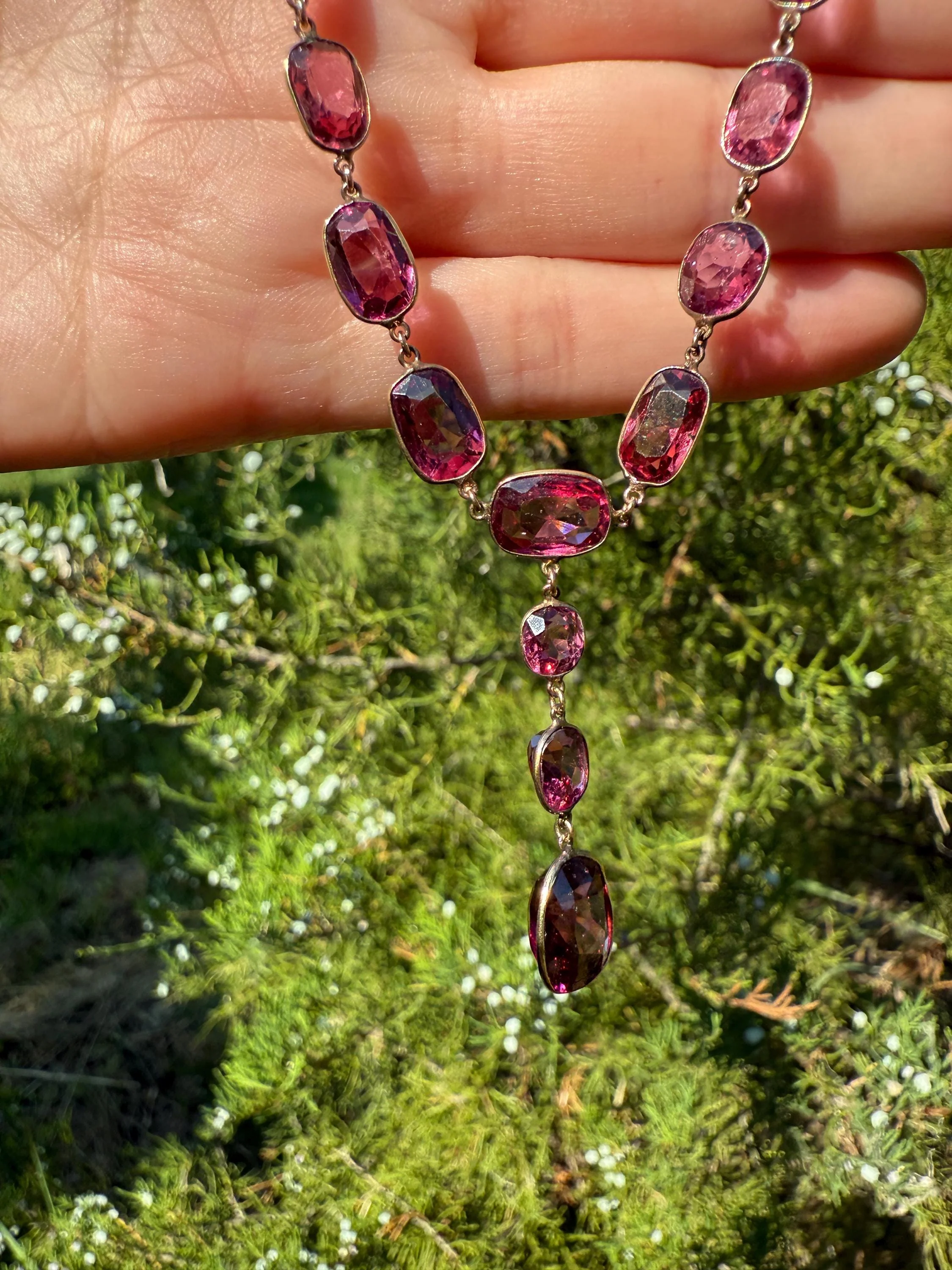 Antique 36 GARNET Riviera Station Chain 10k GOLD Berry Purple Pink Chunky Lariat Y Necklace Collar - Image 5