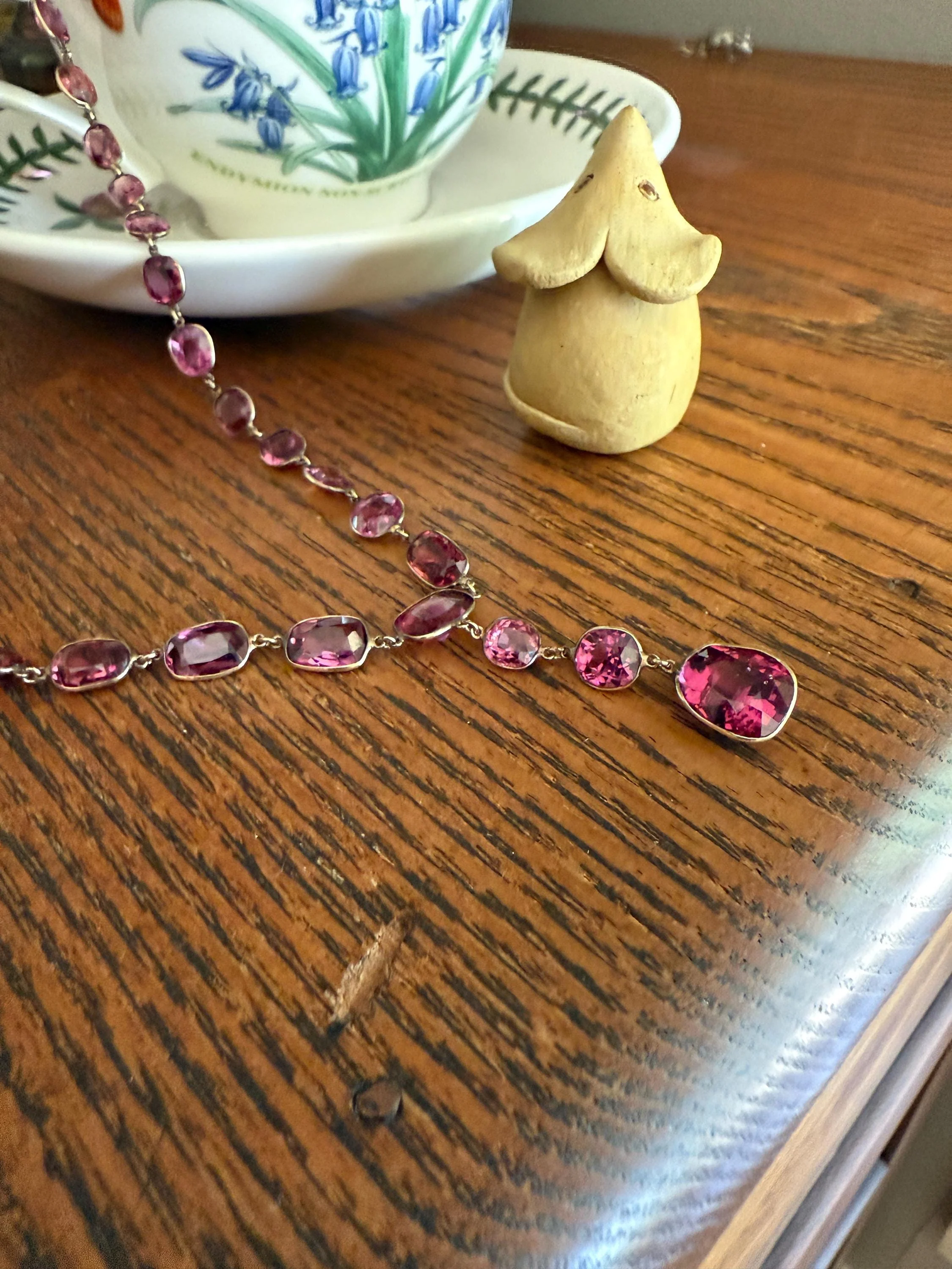 Antique 36 GARNET Riviera Station Chain 10k GOLD Berry Purple Pink Chunky Lariat Y Necklace Collar - Image 9