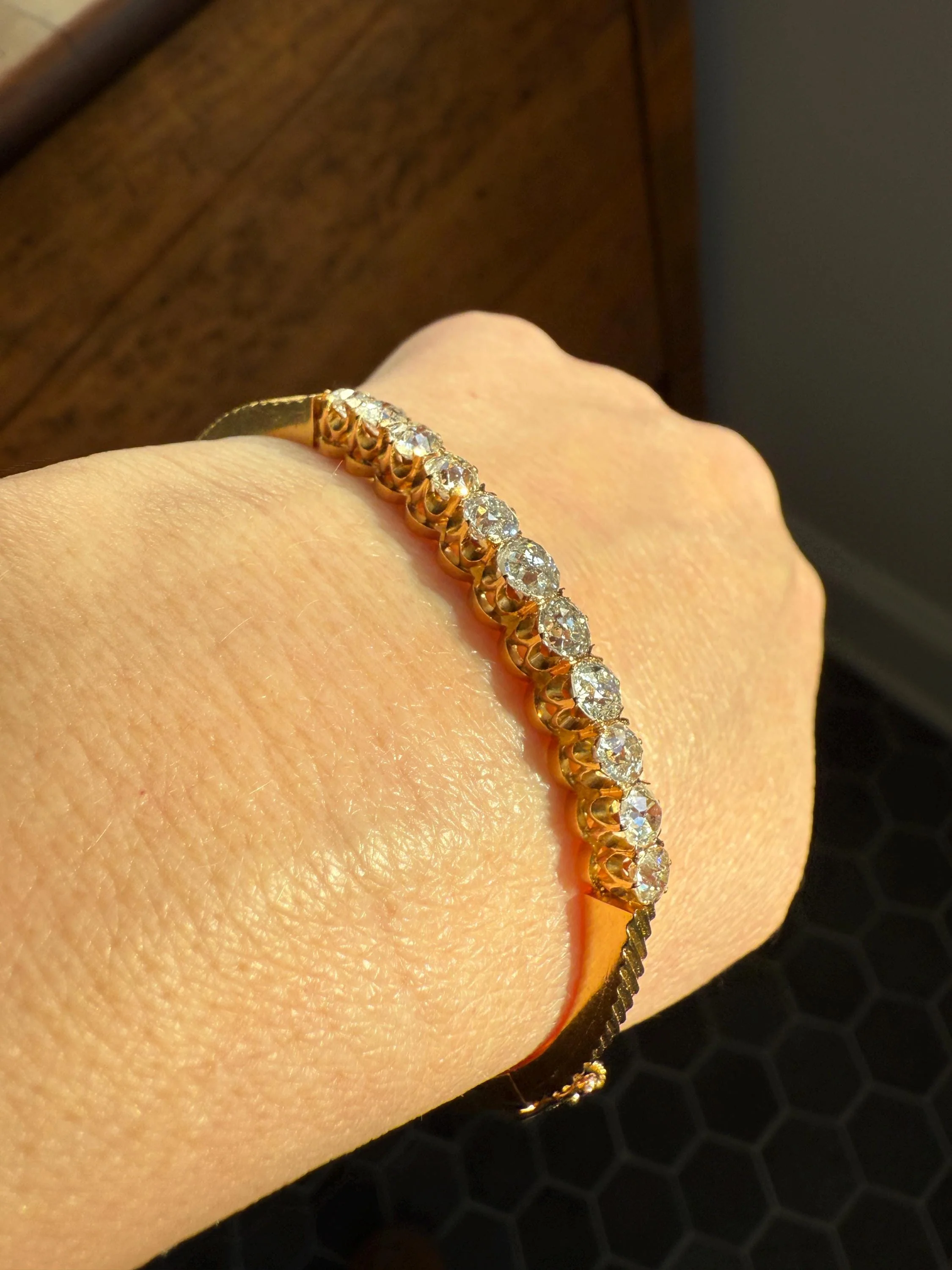 Antique 4 CARAT Old Mine Cut DIAMOND Hinged Bangle 11 Stone Line Bracelet 18k Gold Victorian 4Ctw OMC Stacker - Image 10