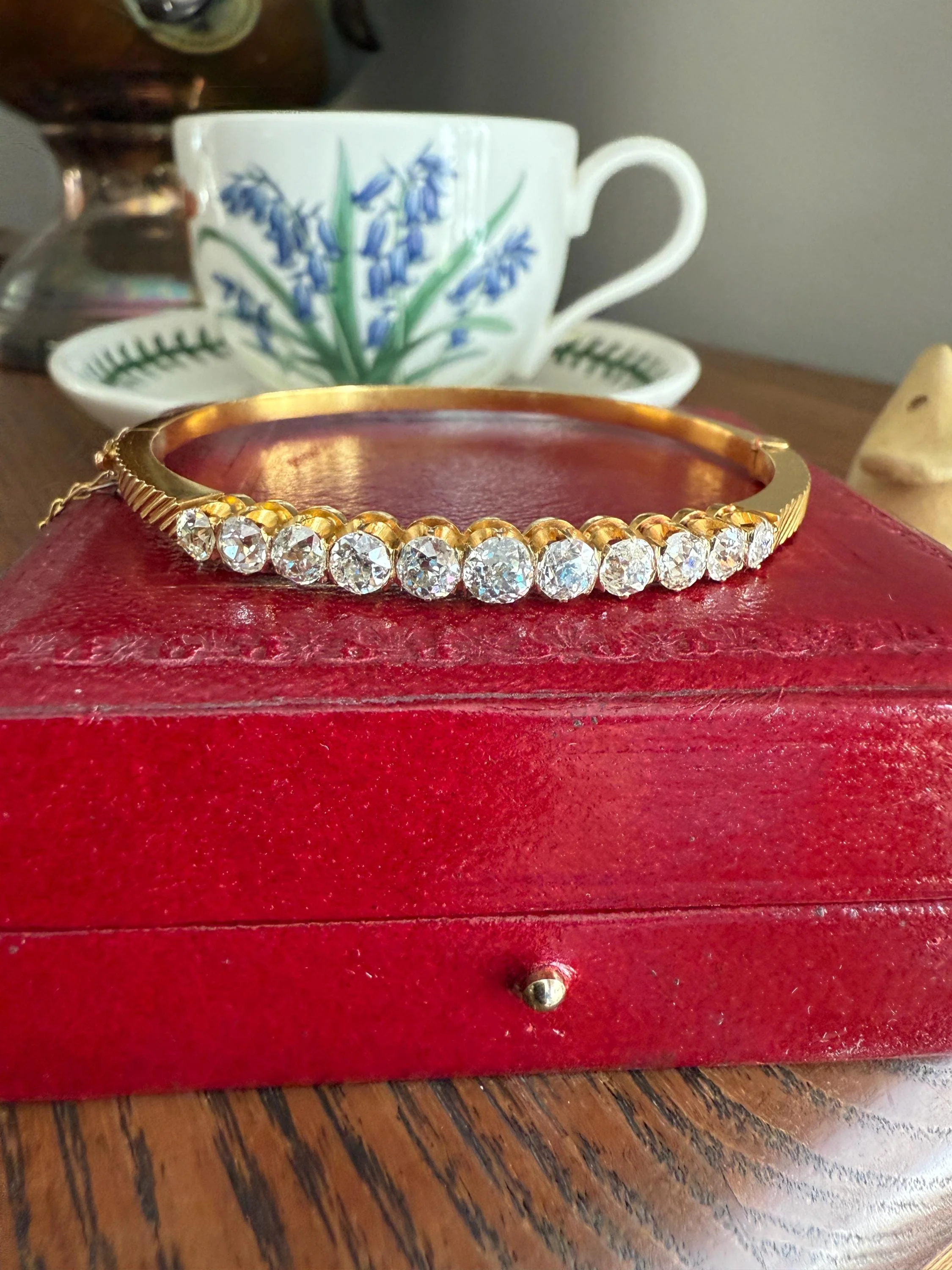 Antique 4 CARAT Old Mine Cut DIAMOND Hinged Bangle 11 Stone Line Bracelet 18k Gold Victorian 4Ctw OMC Stacker - Image 20