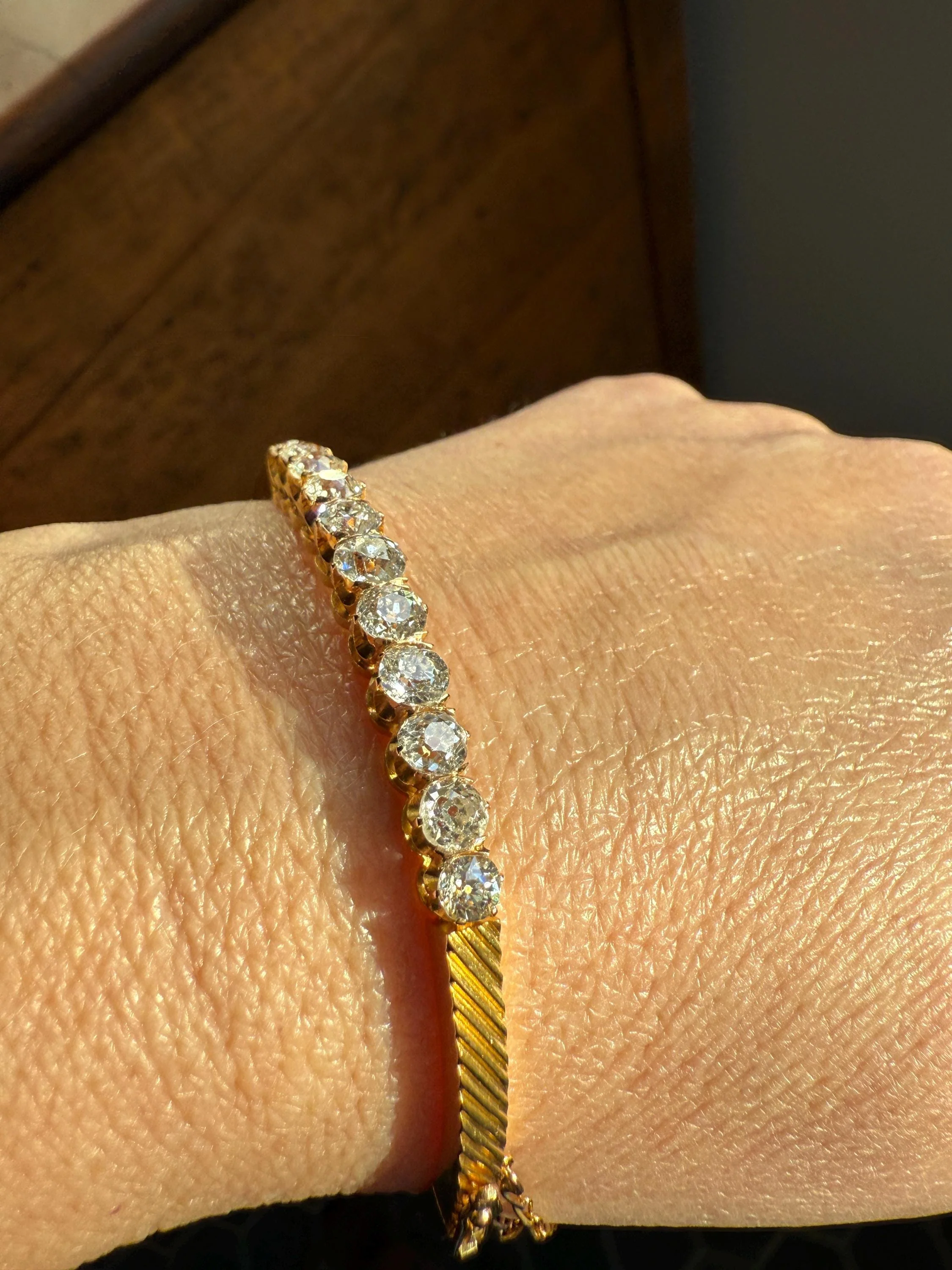 Antique 4 CARAT Old Mine Cut DIAMOND Hinged Bangle 11 Stone Line Bracelet 18k Gold Victorian 4Ctw OMC Stacker - Image 4
