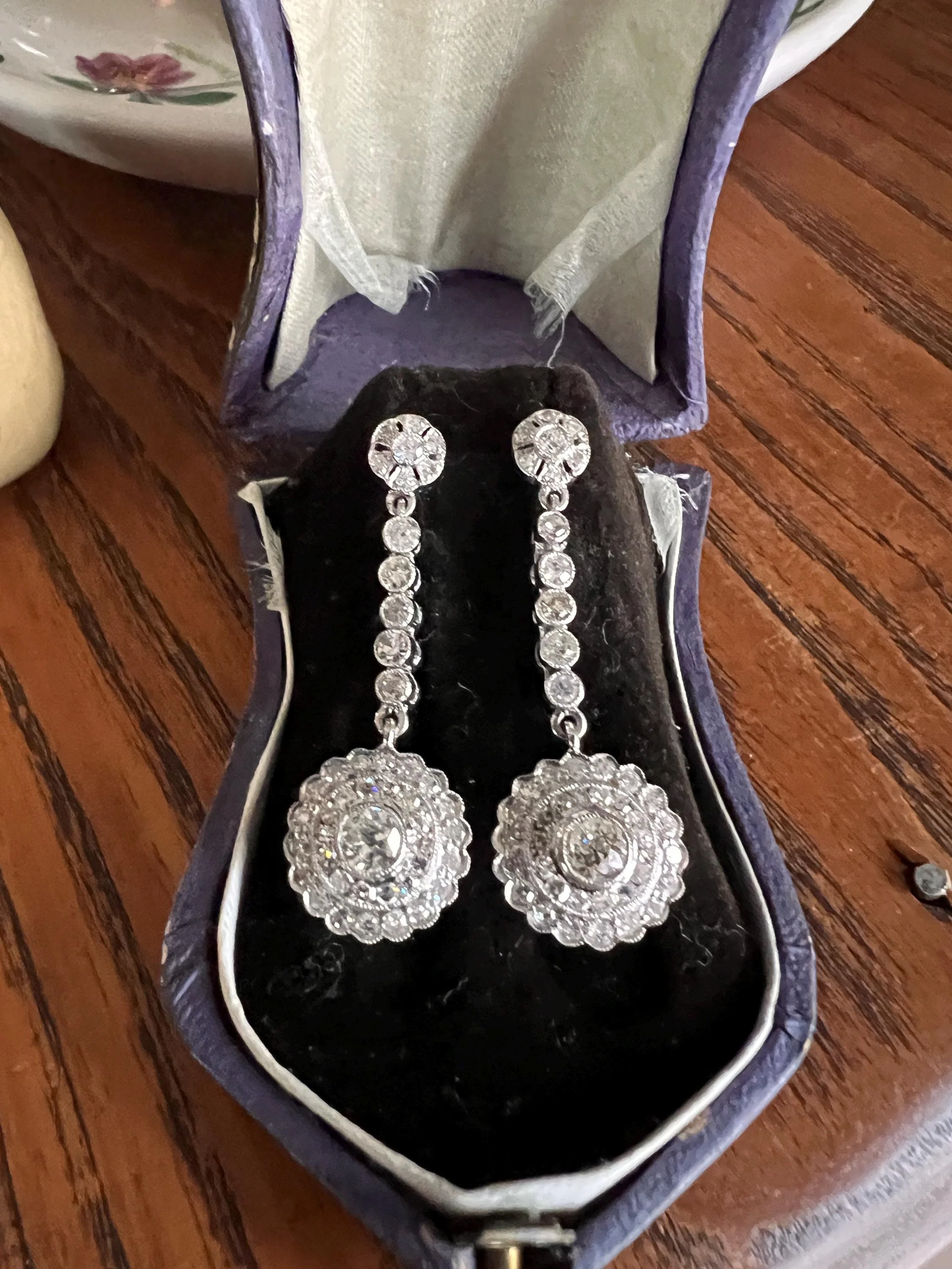 Antique 4 Carats Tdw Old Mine Single Cut DIAMOND Cluster Dangle Earrings 18k White Gold Bullseye Halo - Image 11