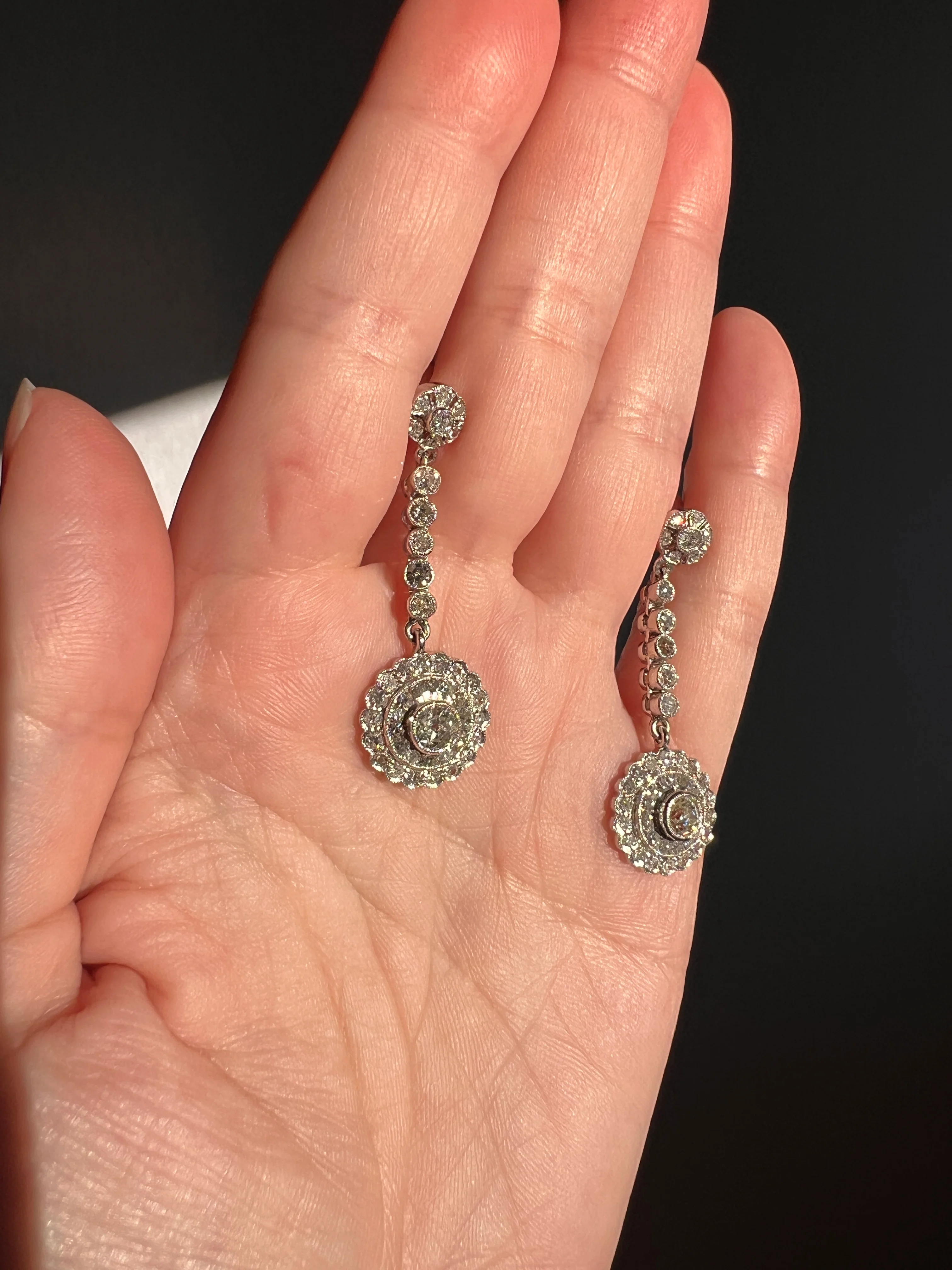 Antique 4 Carats Tdw Old Mine Single Cut DIAMOND Cluster Dangle Earrings 18k White Gold Bullseye Halo - Image 12