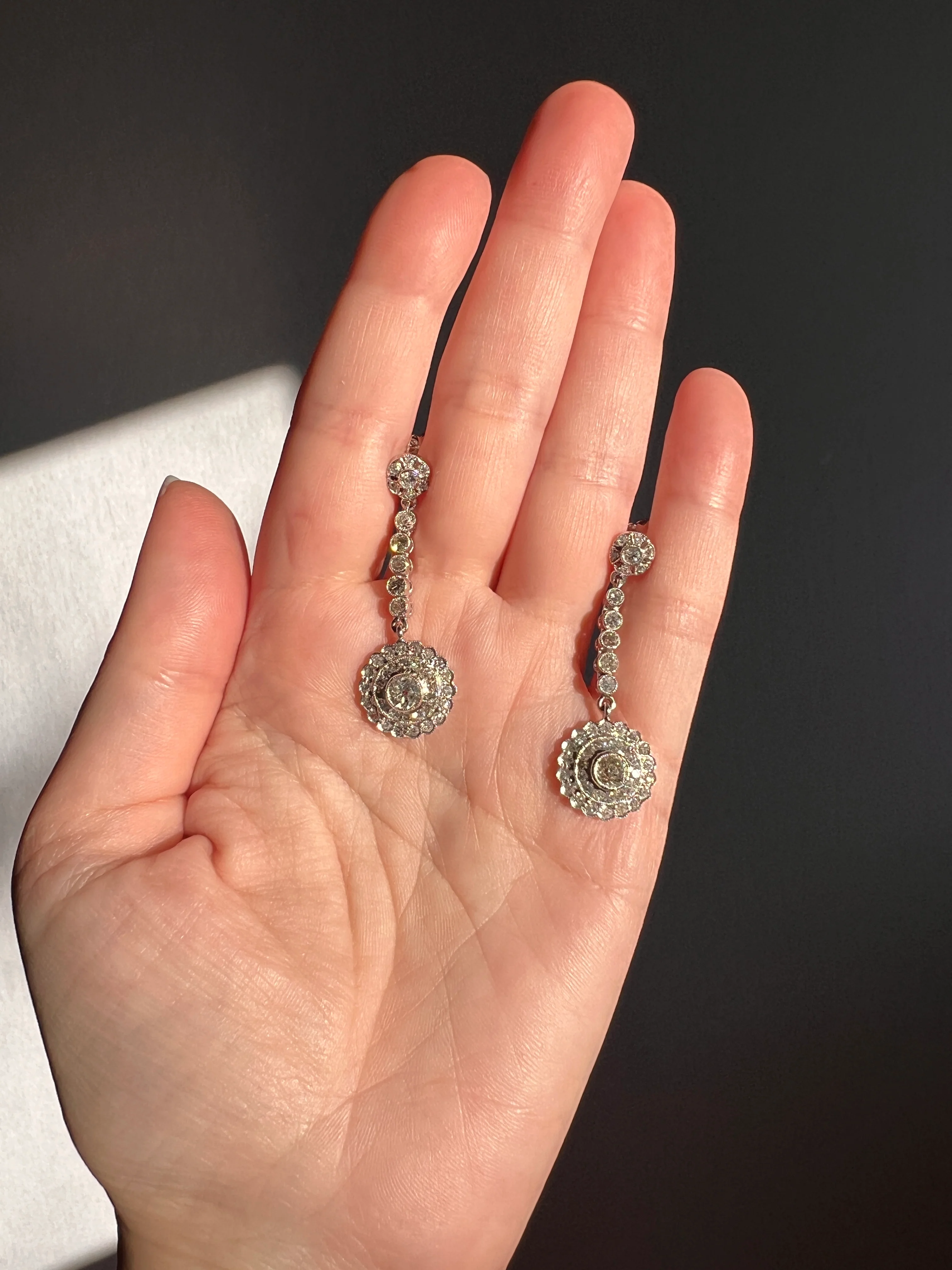 Antique 4 Carats Tdw Old Mine Single Cut DIAMOND Cluster Dangle Earrings 18k White Gold Bullseye Halo - Image 13