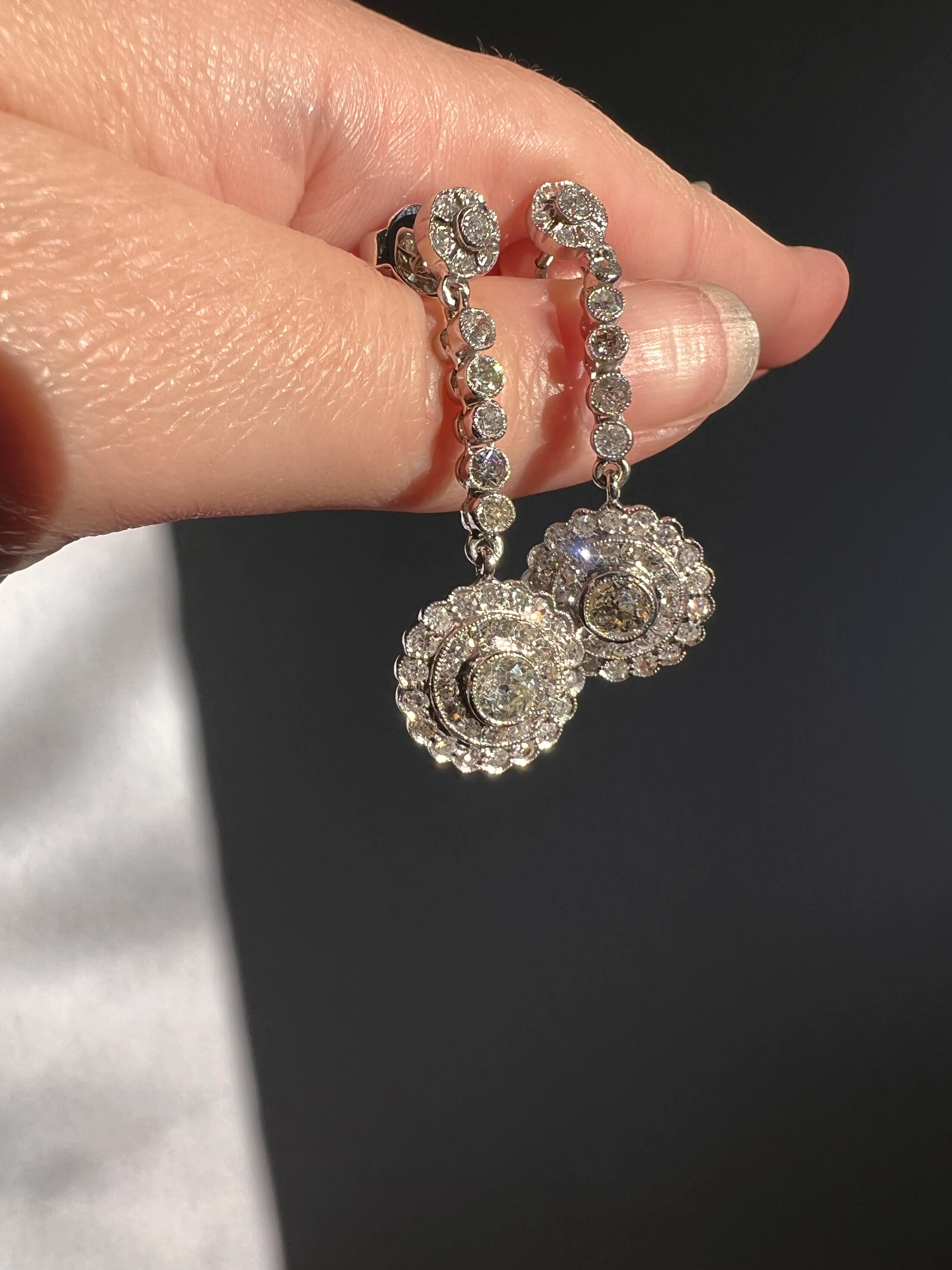 Antique 4 Carats Tdw Old Mine Single Cut DIAMOND Cluster Dangle Earrings 18k White Gold Bullseye Halo - Image 14
