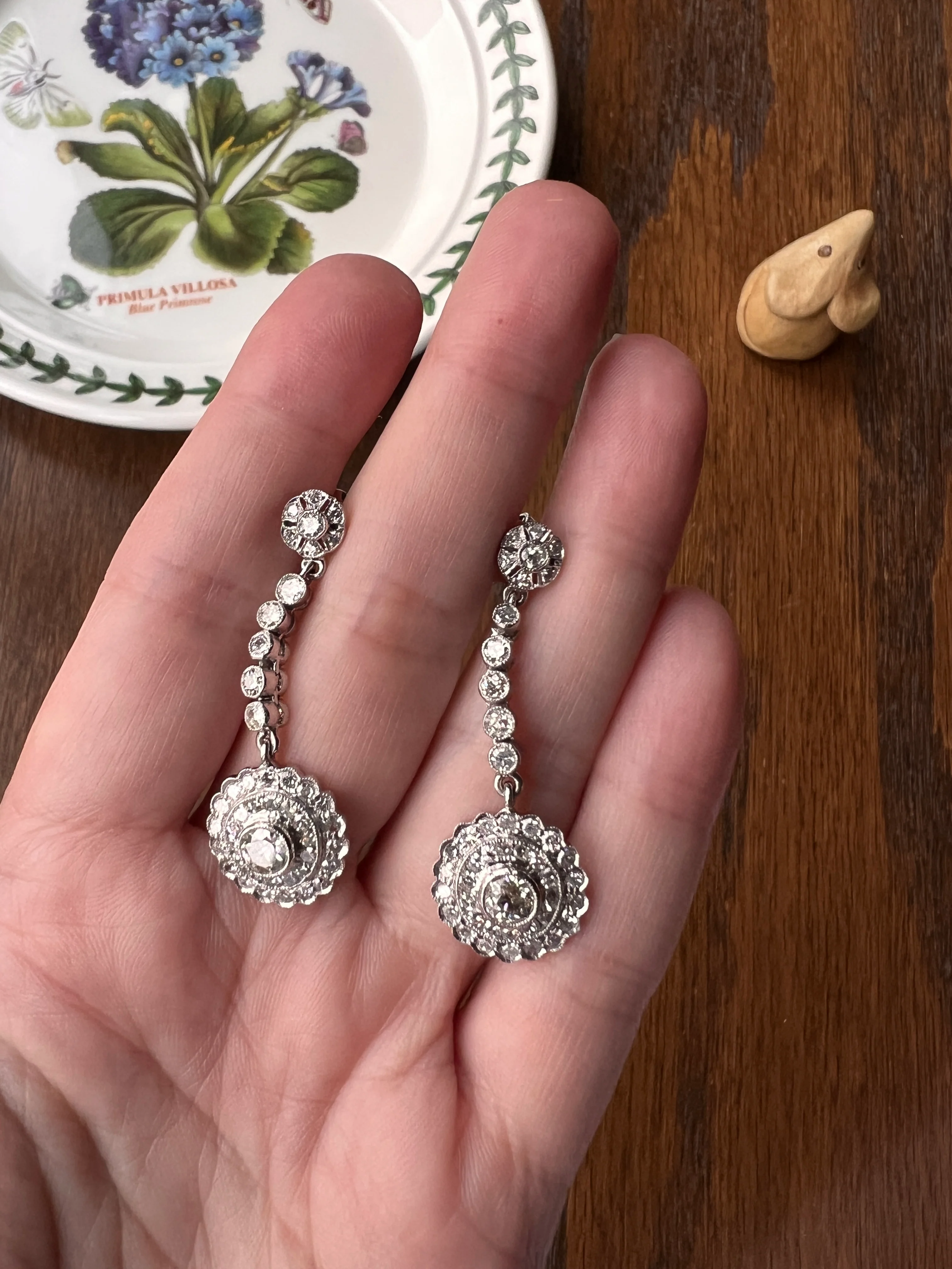 Antique 4 Carats Tdw Old Mine Single Cut DIAMOND Cluster Dangle Earrings 18k White Gold Bullseye Halo - Image 15