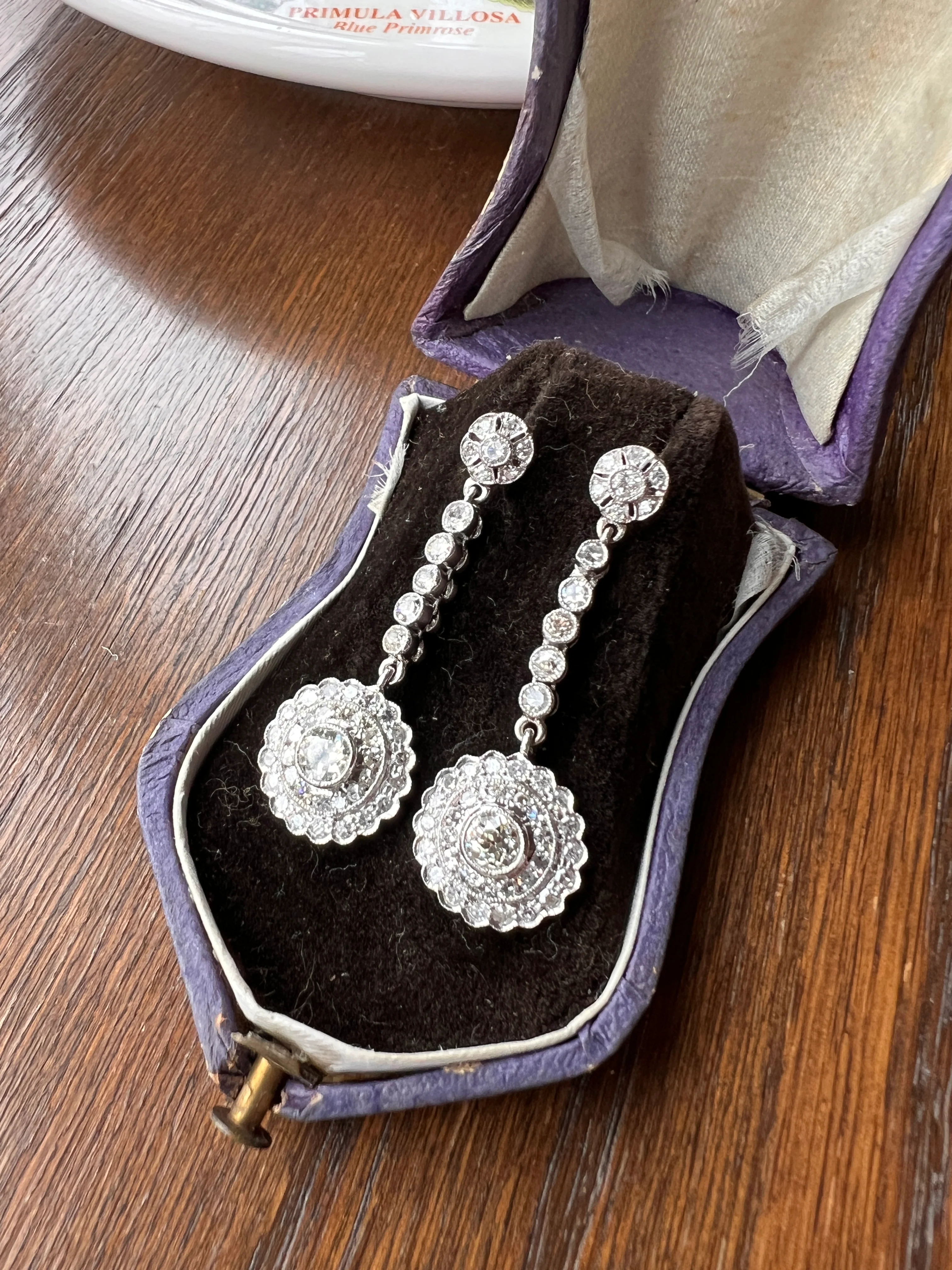 Antique 4 Carats Tdw Old Mine Single Cut DIAMOND Cluster Dangle Earrings 18k White Gold Bullseye Halo - Image 16