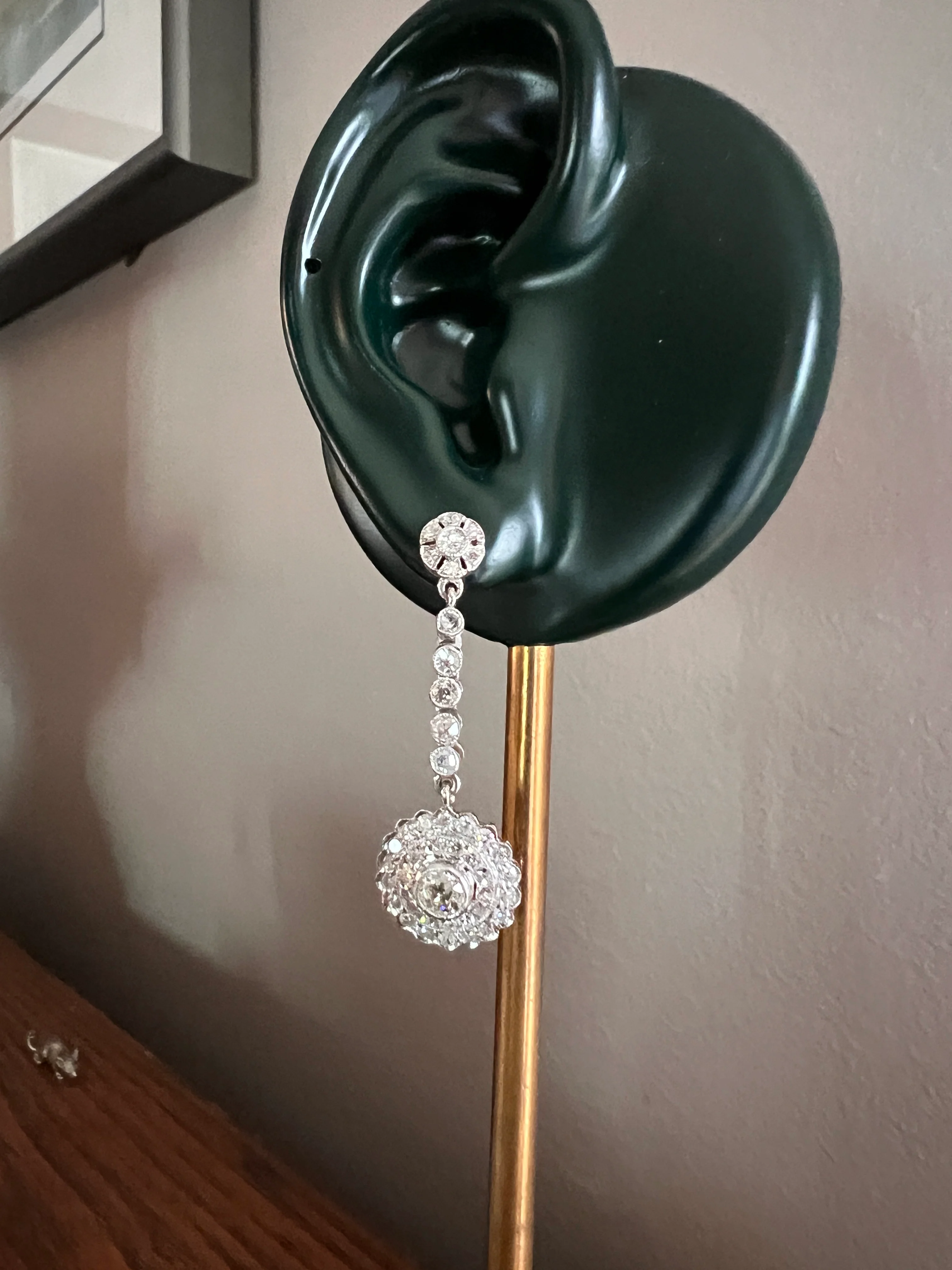 Antique 4 Carats Tdw Old Mine Single Cut DIAMOND Cluster Dangle Earrings 18k White Gold Bullseye Halo - Image 17