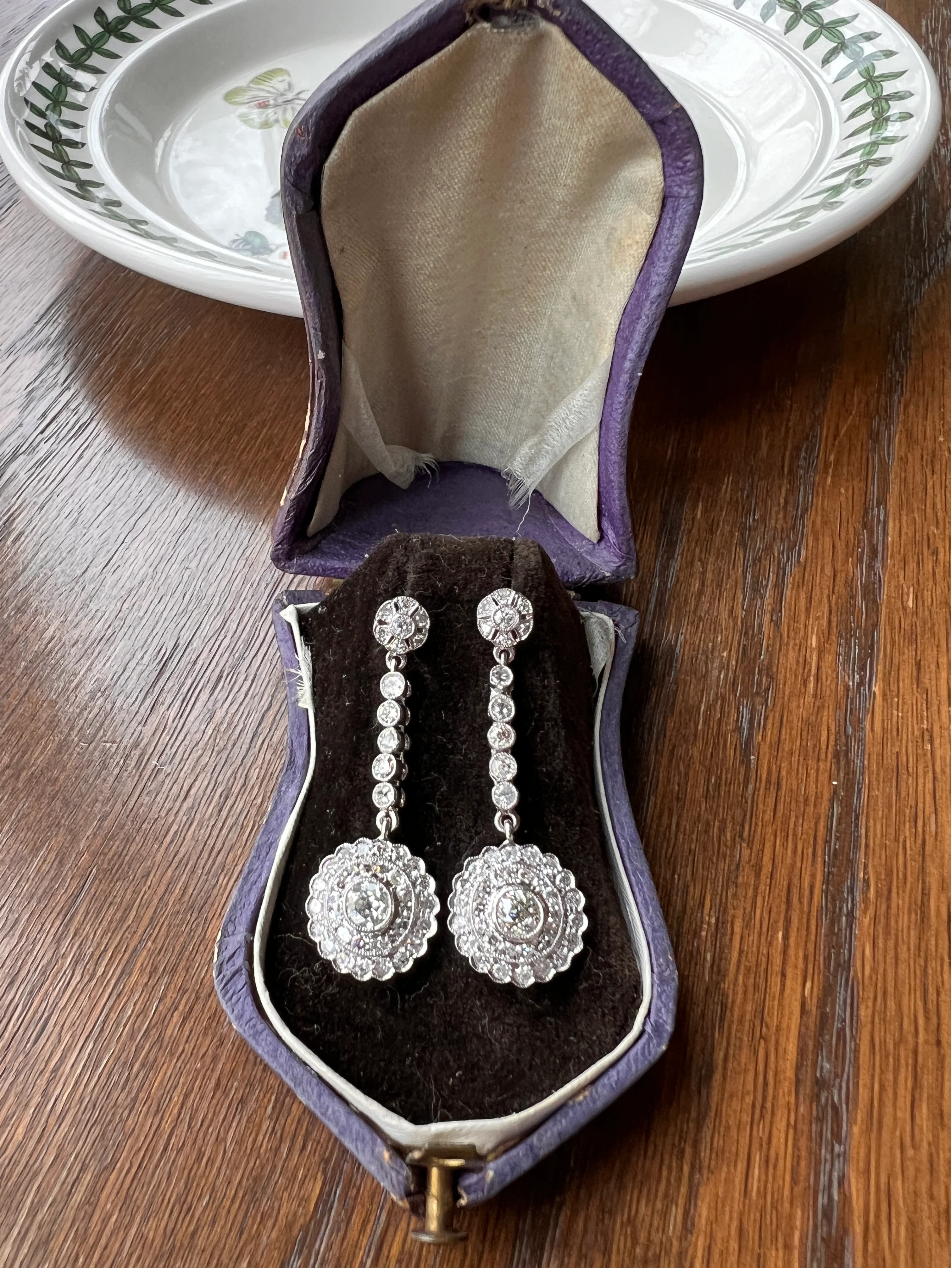 Antique 4 Carats Tdw Old Mine Single Cut DIAMOND Cluster Dangle Earrings 18k White Gold Bullseye Halo - Image 18