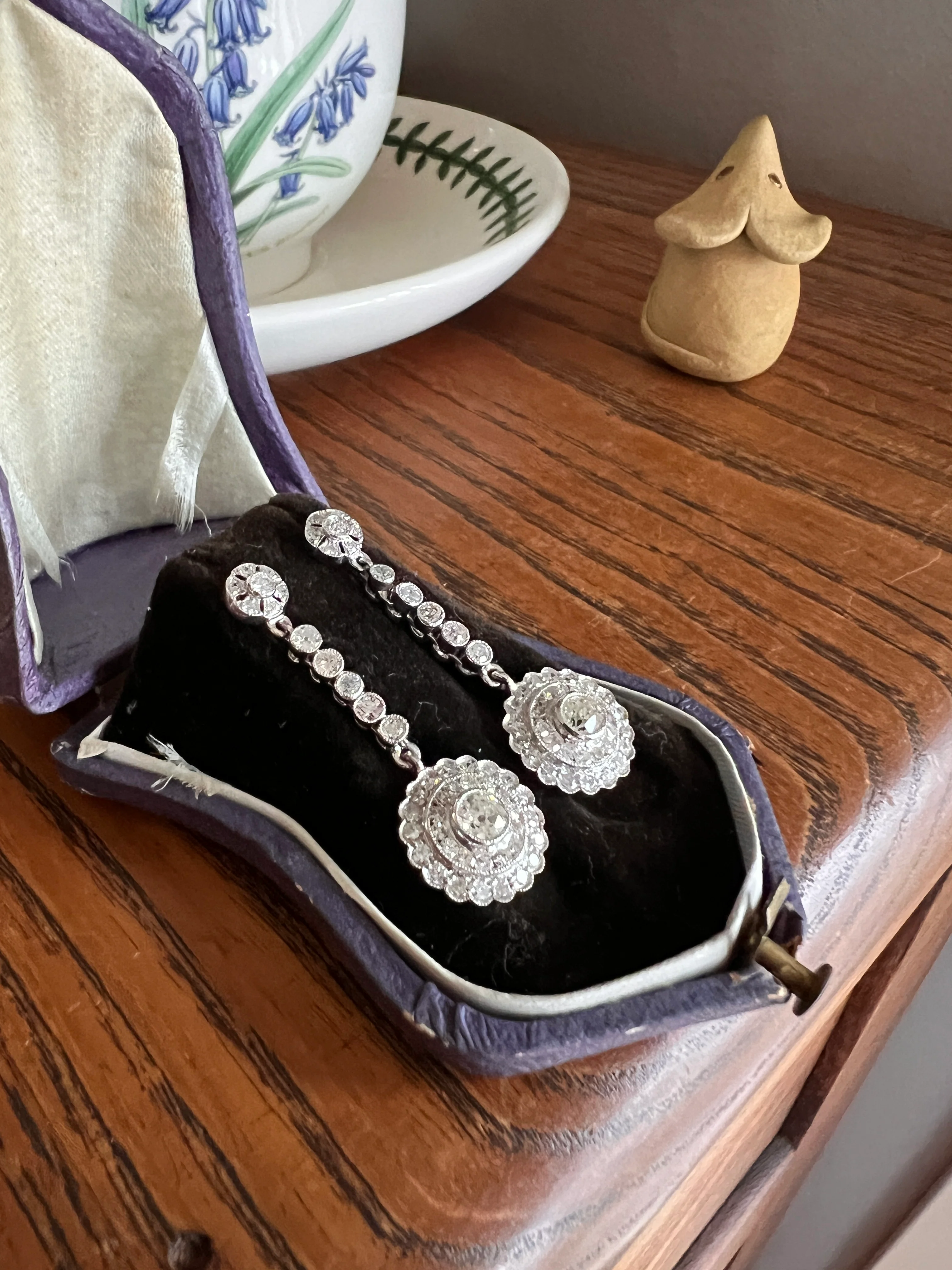 Antique 4 Carats Tdw Old Mine Single Cut DIAMOND Cluster Dangle Earrings 18k White Gold Bullseye Halo - Image 19