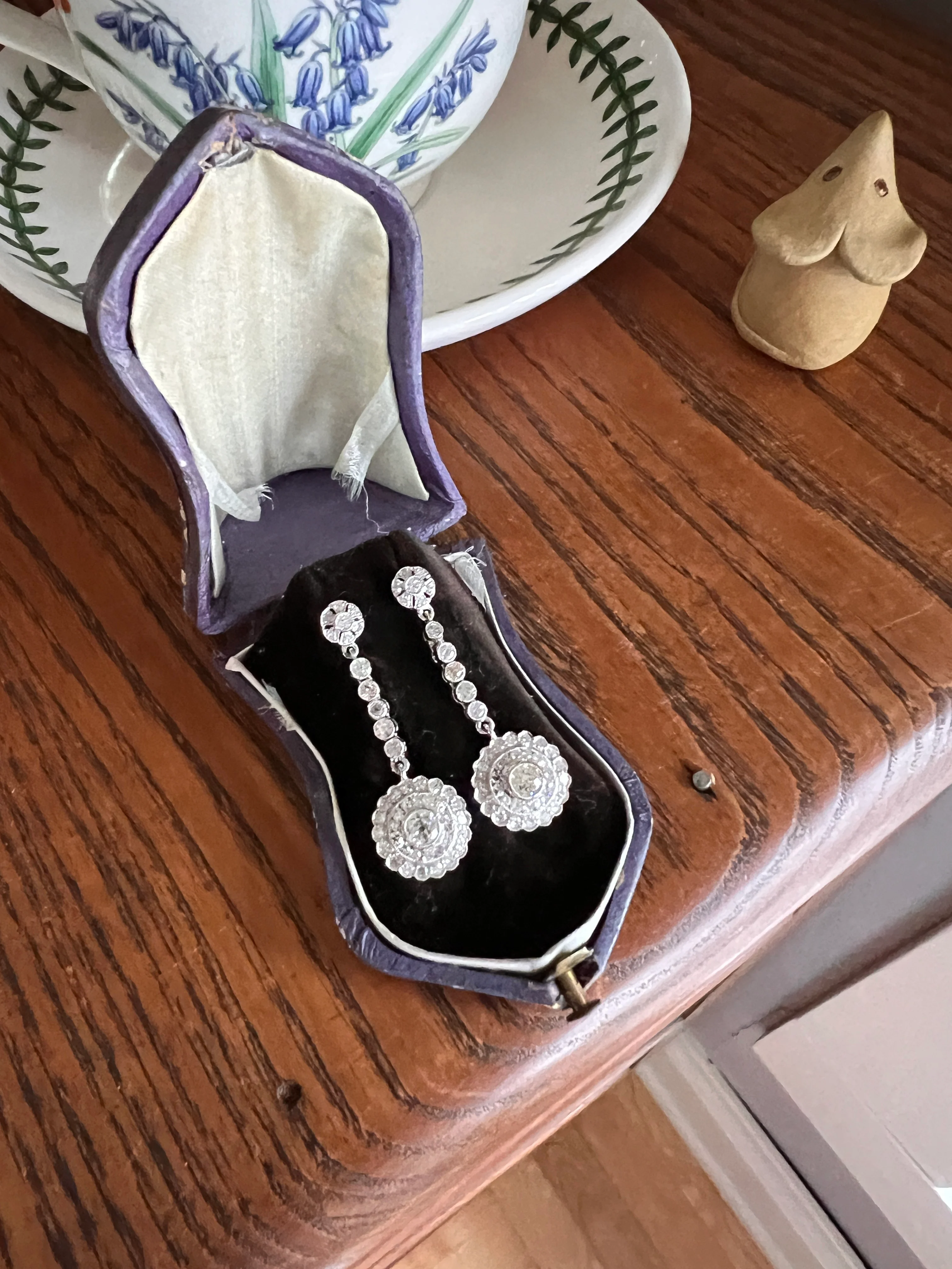Antique 4 Carats Tdw Old Mine Single Cut DIAMOND Cluster Dangle Earrings 18k White Gold Bullseye Halo - Image 21