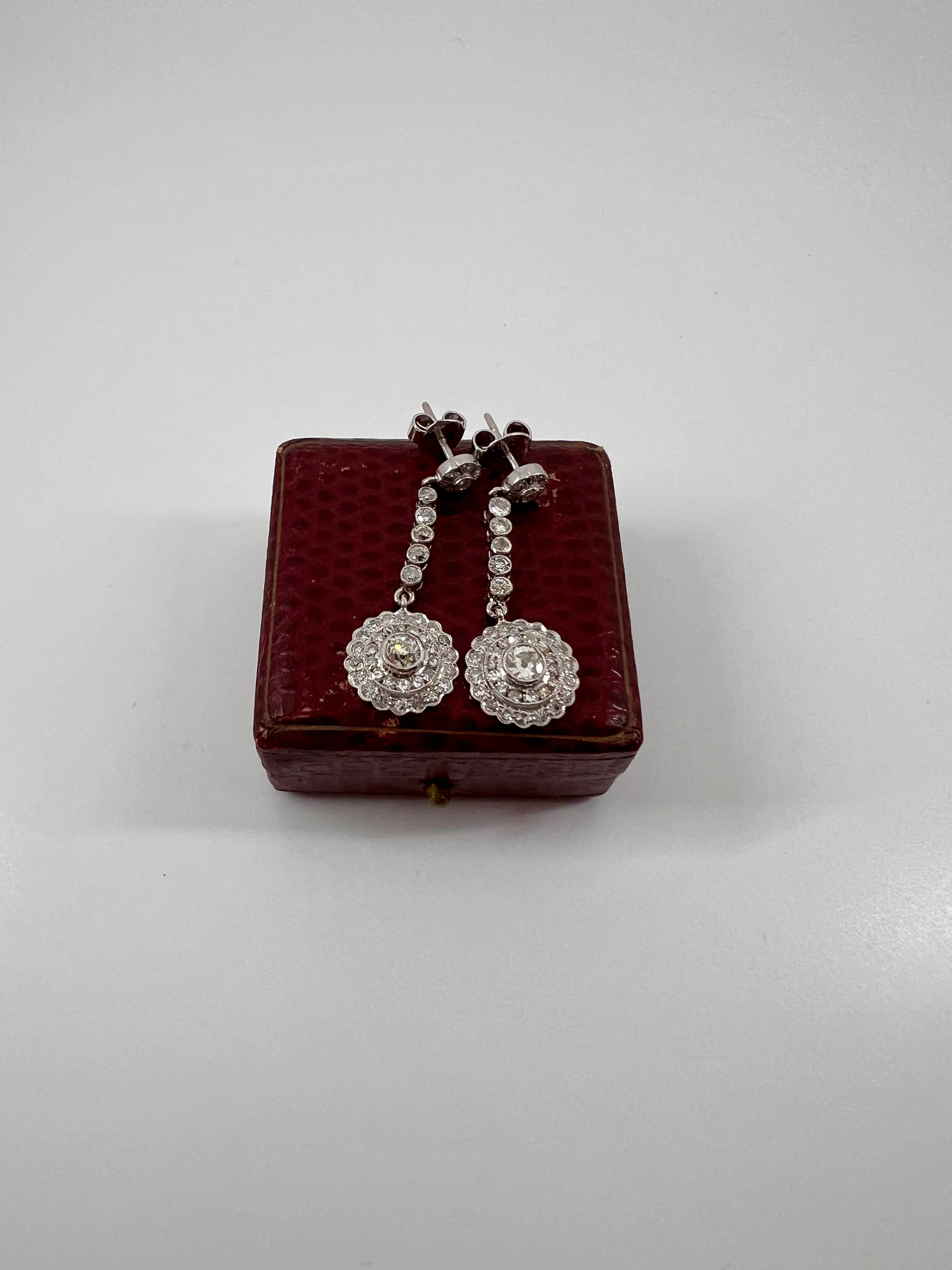 Antique 4 Carats Tdw Old Mine Single Cut DIAMOND Cluster Dangle Earrings 18k White Gold Bullseye Halo - Image 22