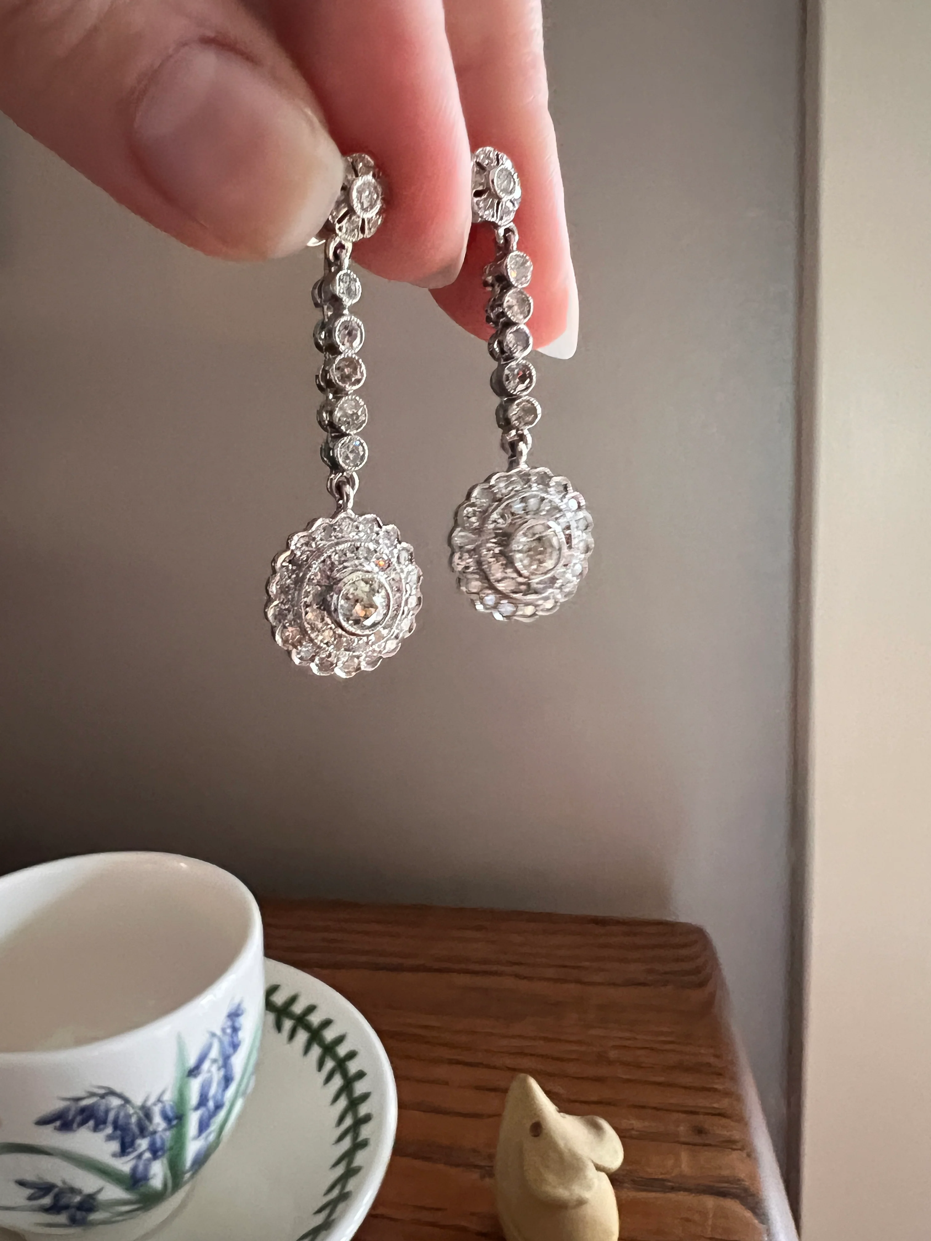 Antique 4 Carats Tdw Old Mine Single Cut DIAMOND Cluster Dangle Earrings 18k White Gold Bullseye Halo - Image 24