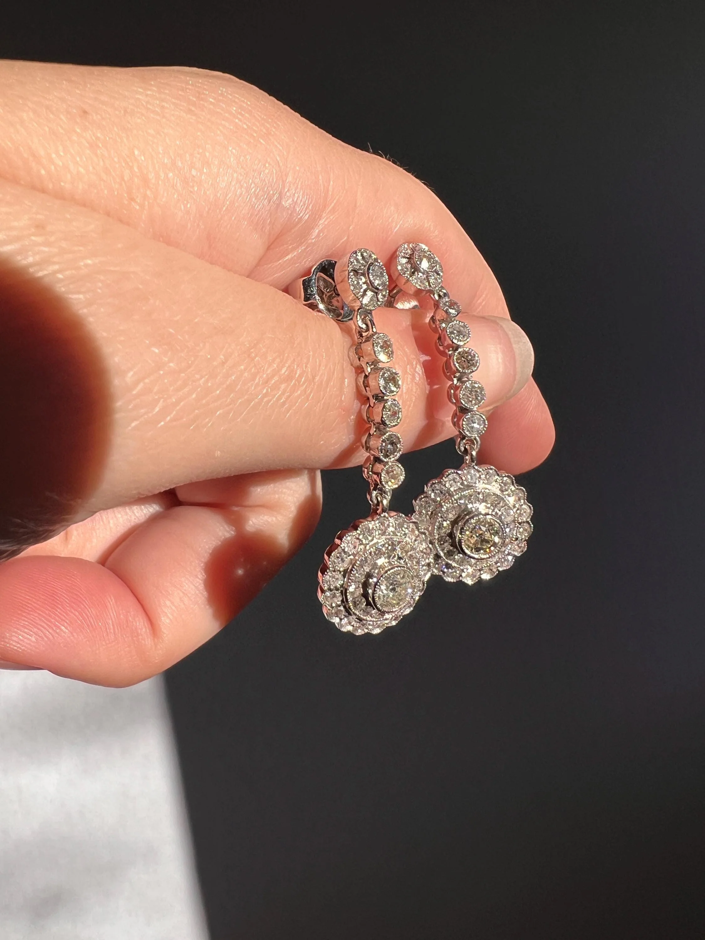 Antique 4 Carats Tdw Old Mine Single Cut DIAMOND Cluster Dangle Earrings 18k White Gold Bullseye Halo - Image 4