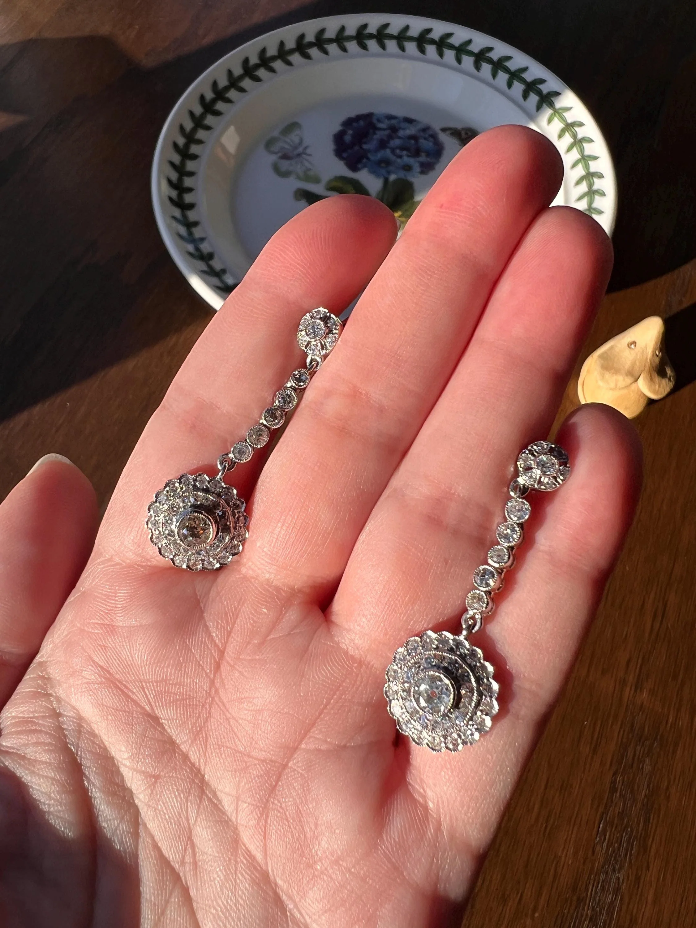 Antique 4 Carats Tdw Old Mine Single Cut DIAMOND Cluster Dangle Earrings 18k White Gold Bullseye Halo - Image 5