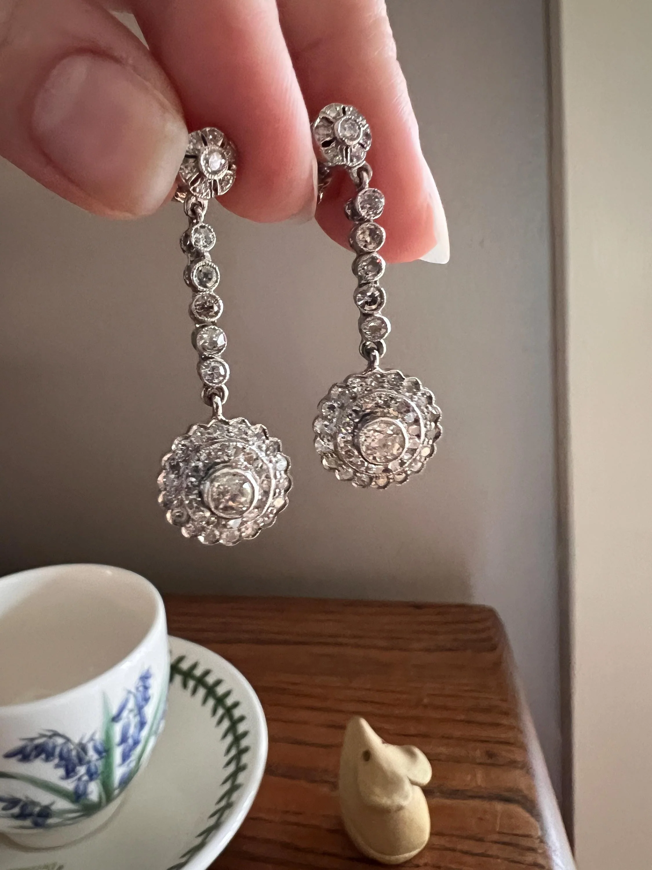 Antique 4 Carats Tdw Old Mine Single Cut DIAMOND Cluster Dangle Earrings 18k White Gold Bullseye Halo - Image 7