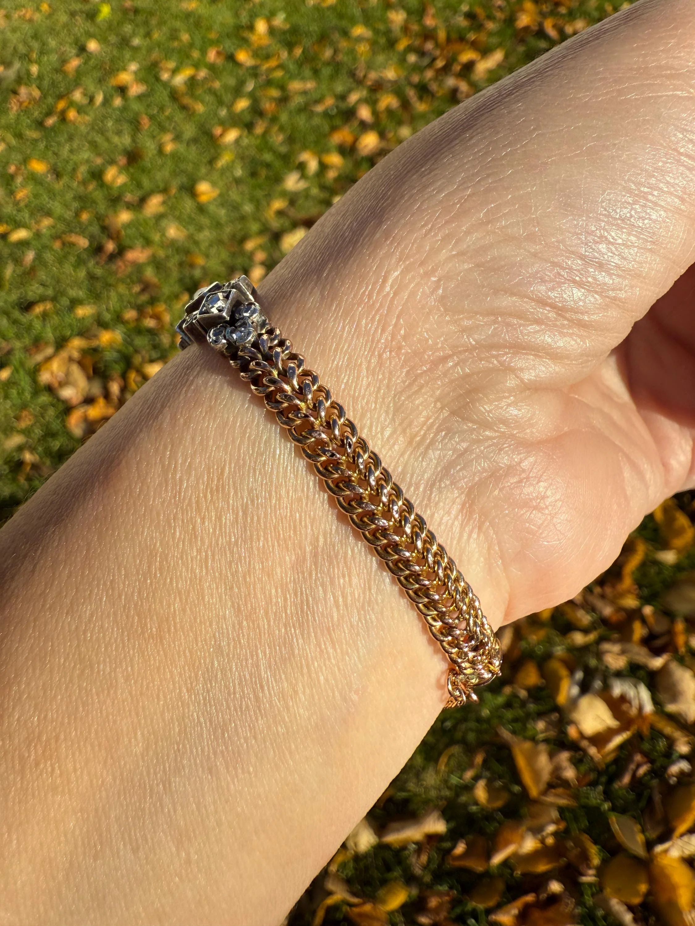 Antique 43 Rose Cut DIAMOND French Victorian Double Cable Chain Bracelet 18k Gold Solid Silver Floral Linear Wriststack Belle Epoque Tennis - Image 10
