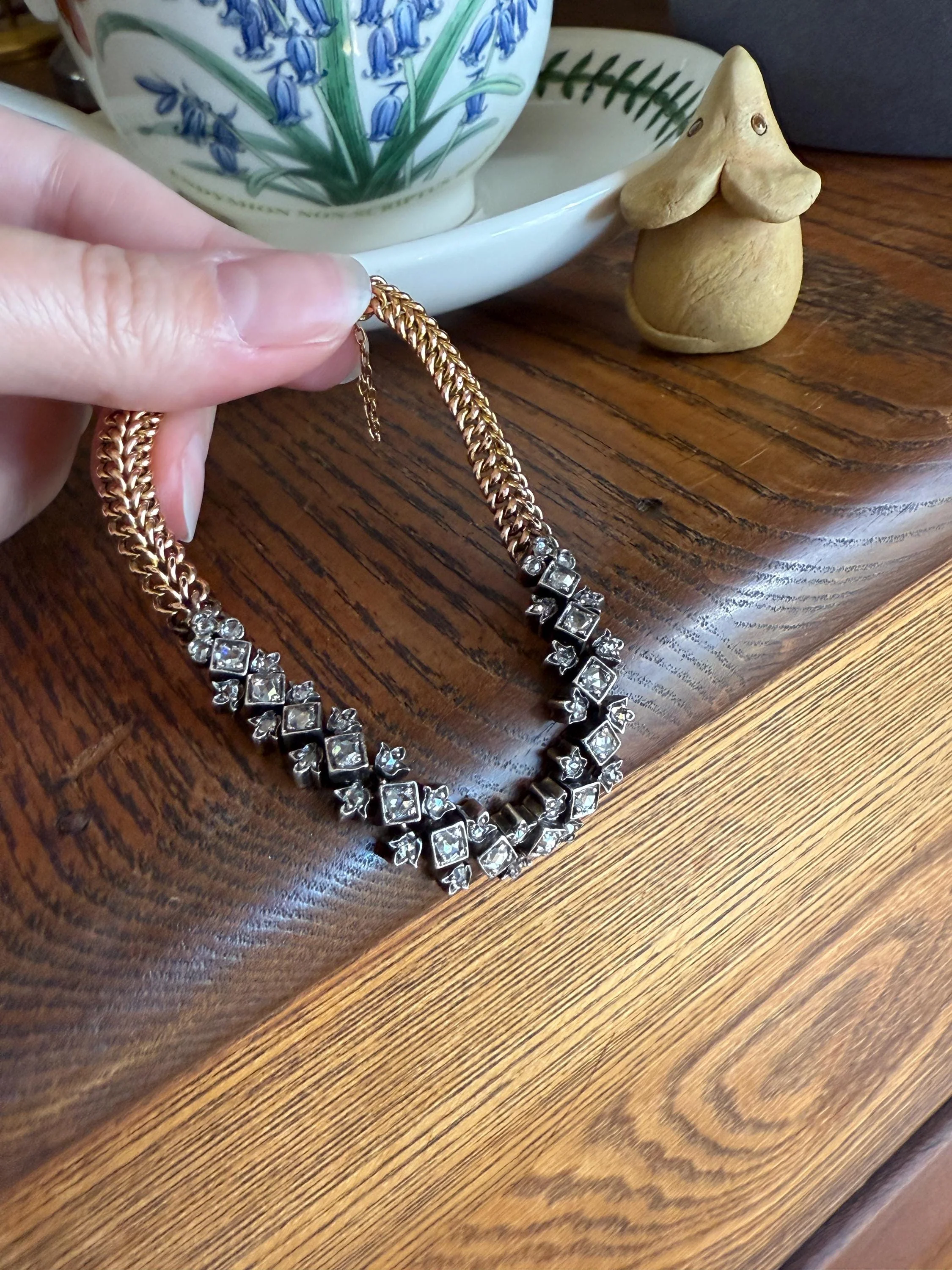Antique 43 Rose Cut DIAMOND French Victorian Double Cable Chain Bracelet 18k Gold Solid Silver Floral Linear Wriststack Belle Epoque Tennis - Image 11