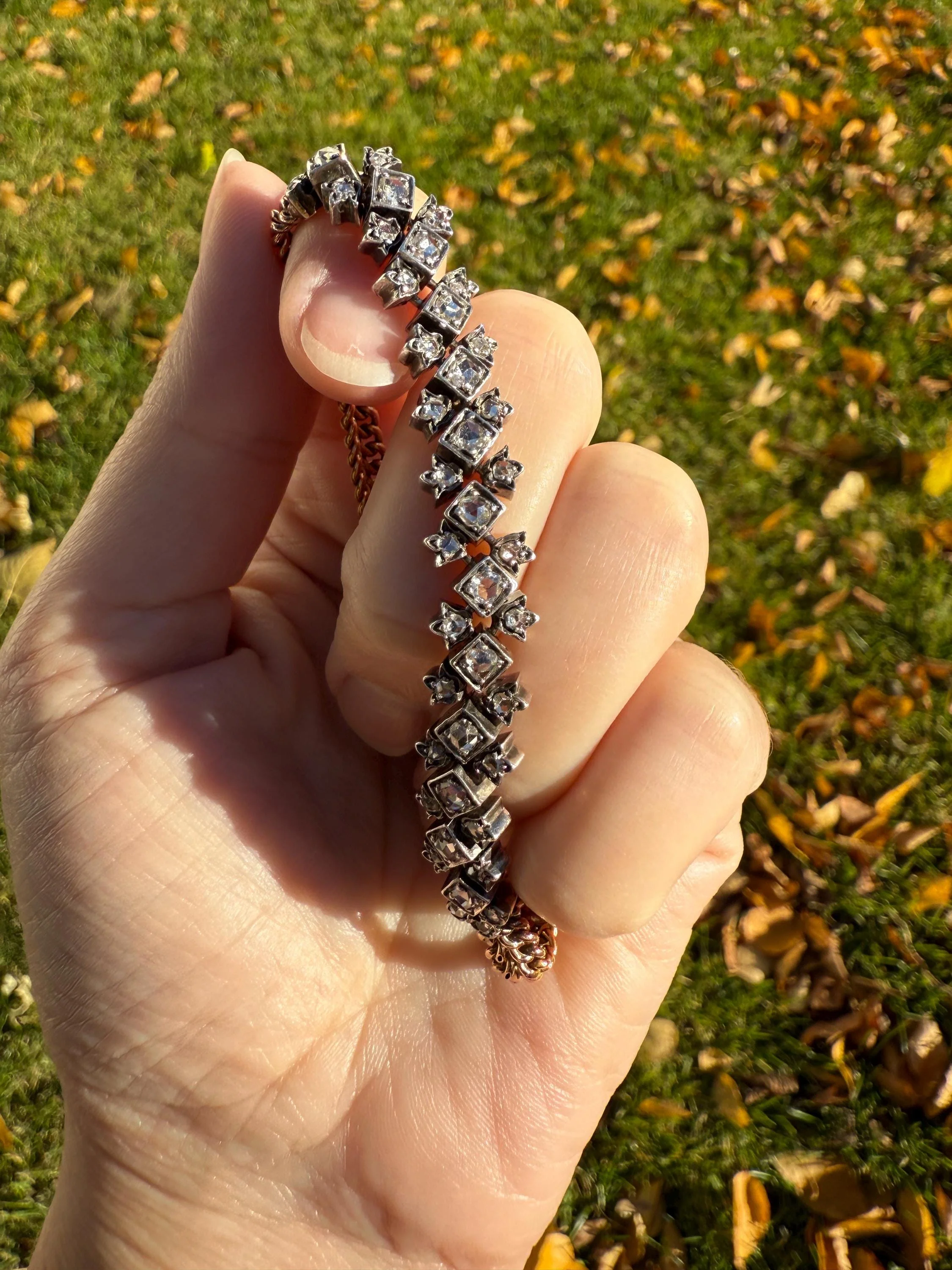 Antique 43 Rose Cut DIAMOND French Victorian Double Cable Chain Bracelet 18k Gold Solid Silver Floral Linear Wriststack Belle Epoque Tennis - Image 12
