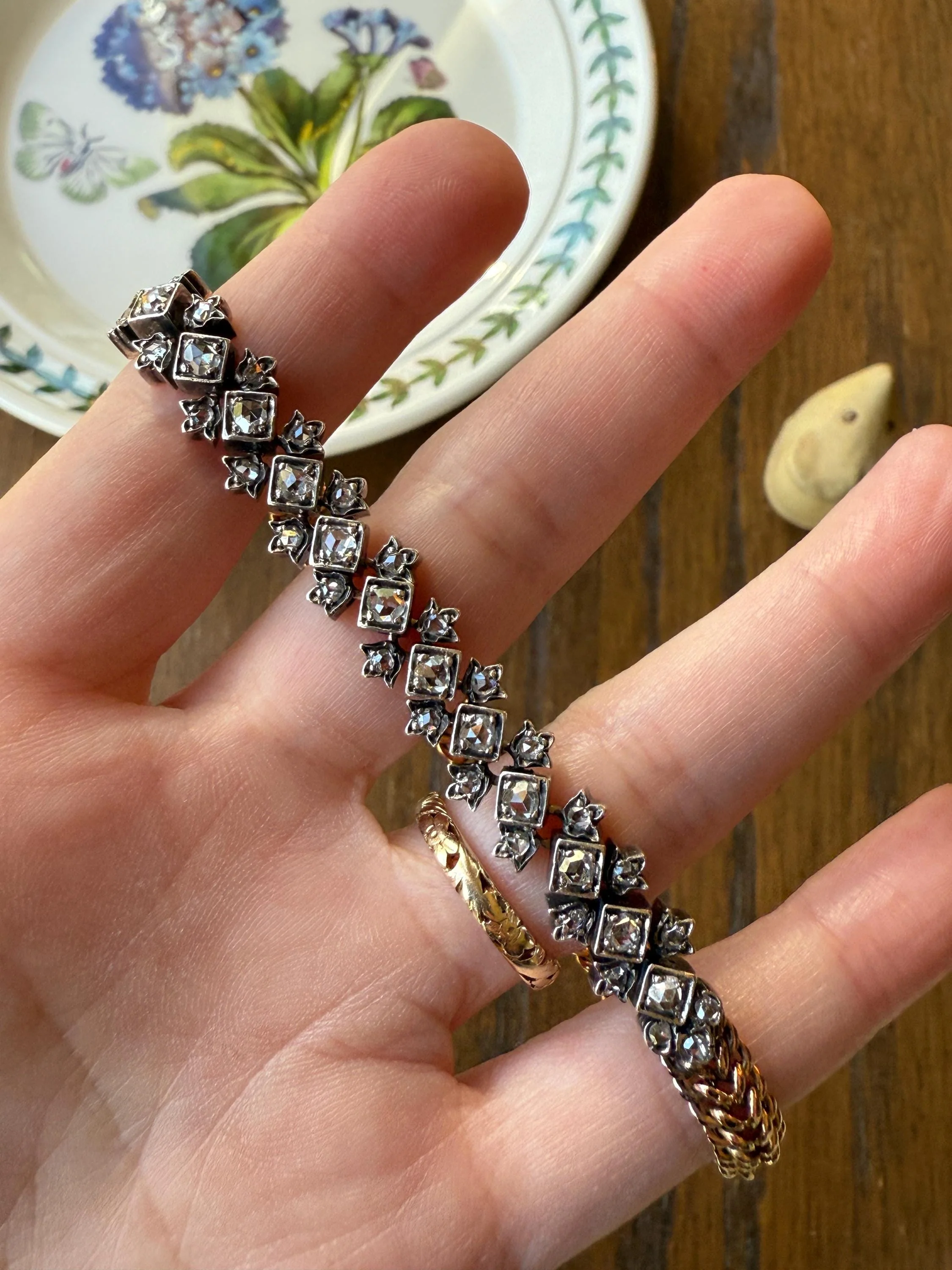 Antique 43 Rose Cut DIAMOND French Victorian Double Cable Chain Bracelet 18k Gold Solid Silver Floral Linear Wriststack Belle Epoque Tennis - Image 15