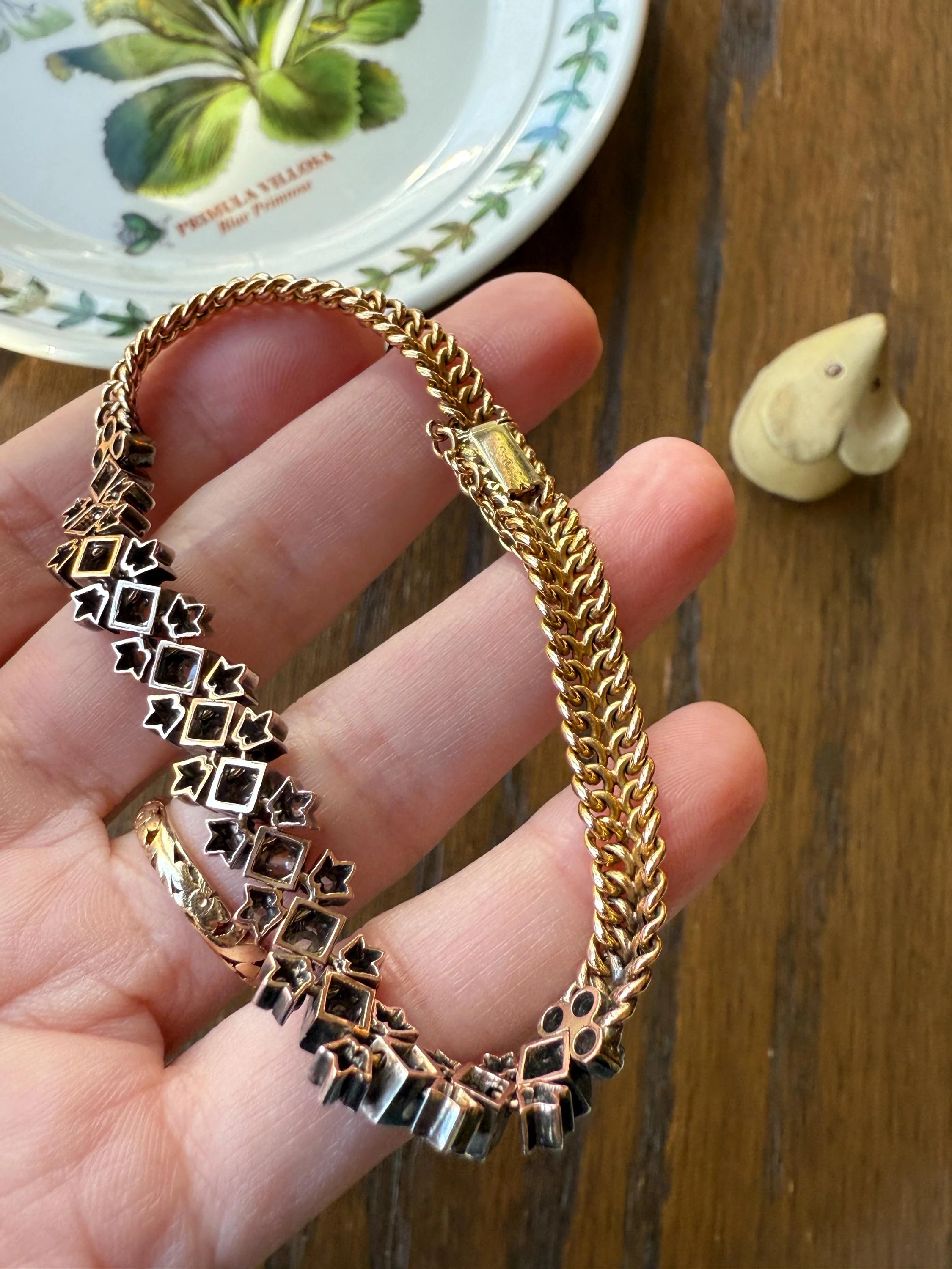 Antique 43 Rose Cut DIAMOND French Victorian Double Cable Chain Bracelet 18k Gold Solid Silver Floral Linear Wriststack Belle Epoque Tennis - Image 19