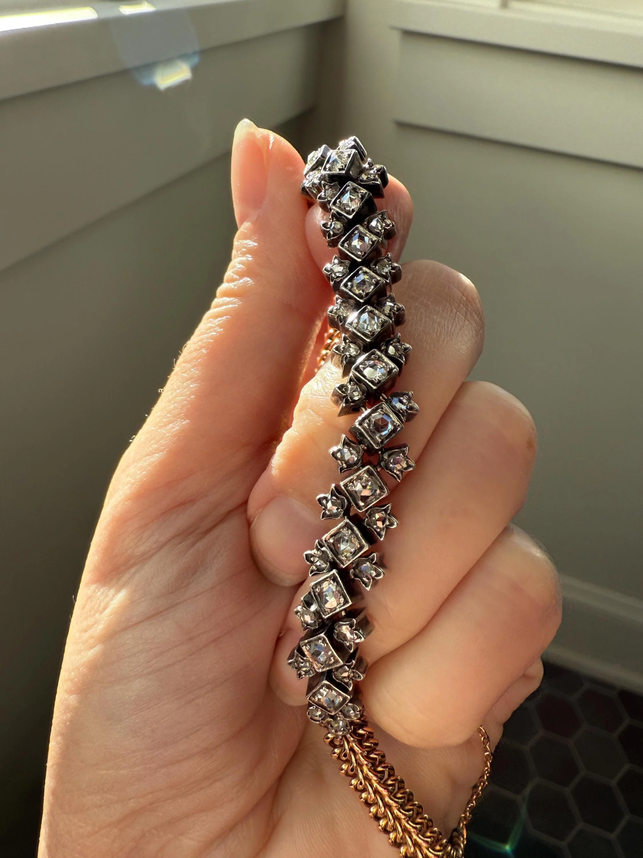 Antique 43 Rose Cut DIAMOND French Victorian Double Cable Chain Bracelet 18k Gold Solid Silver Floral Linear Wriststack Belle Epoque Tennis - Image 3