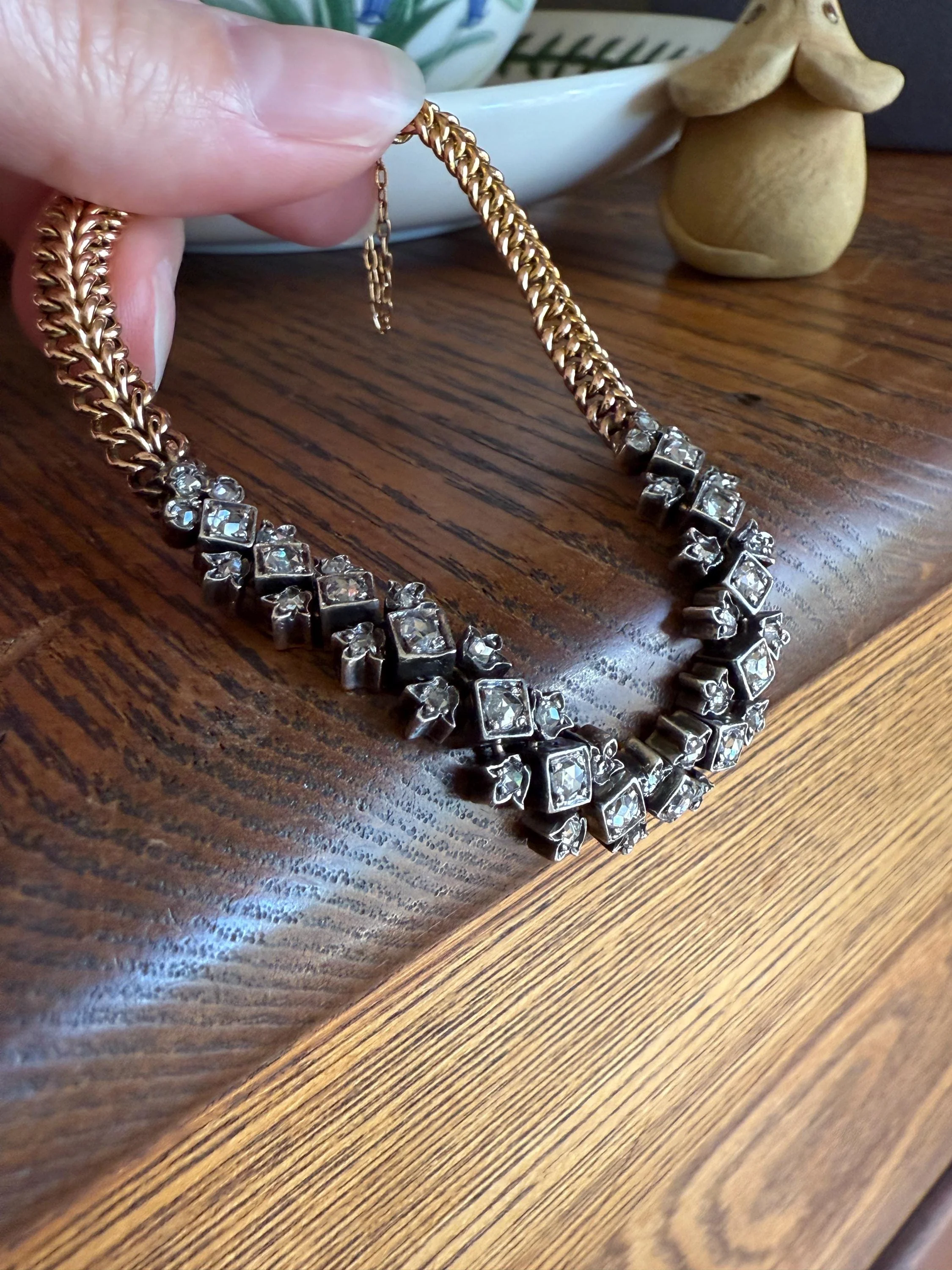 Antique 43 Rose Cut DIAMOND French Victorian Double Cable Chain Bracelet 18k Gold Solid Silver Floral Linear Wriststack Belle Epoque Tennis - Image 4