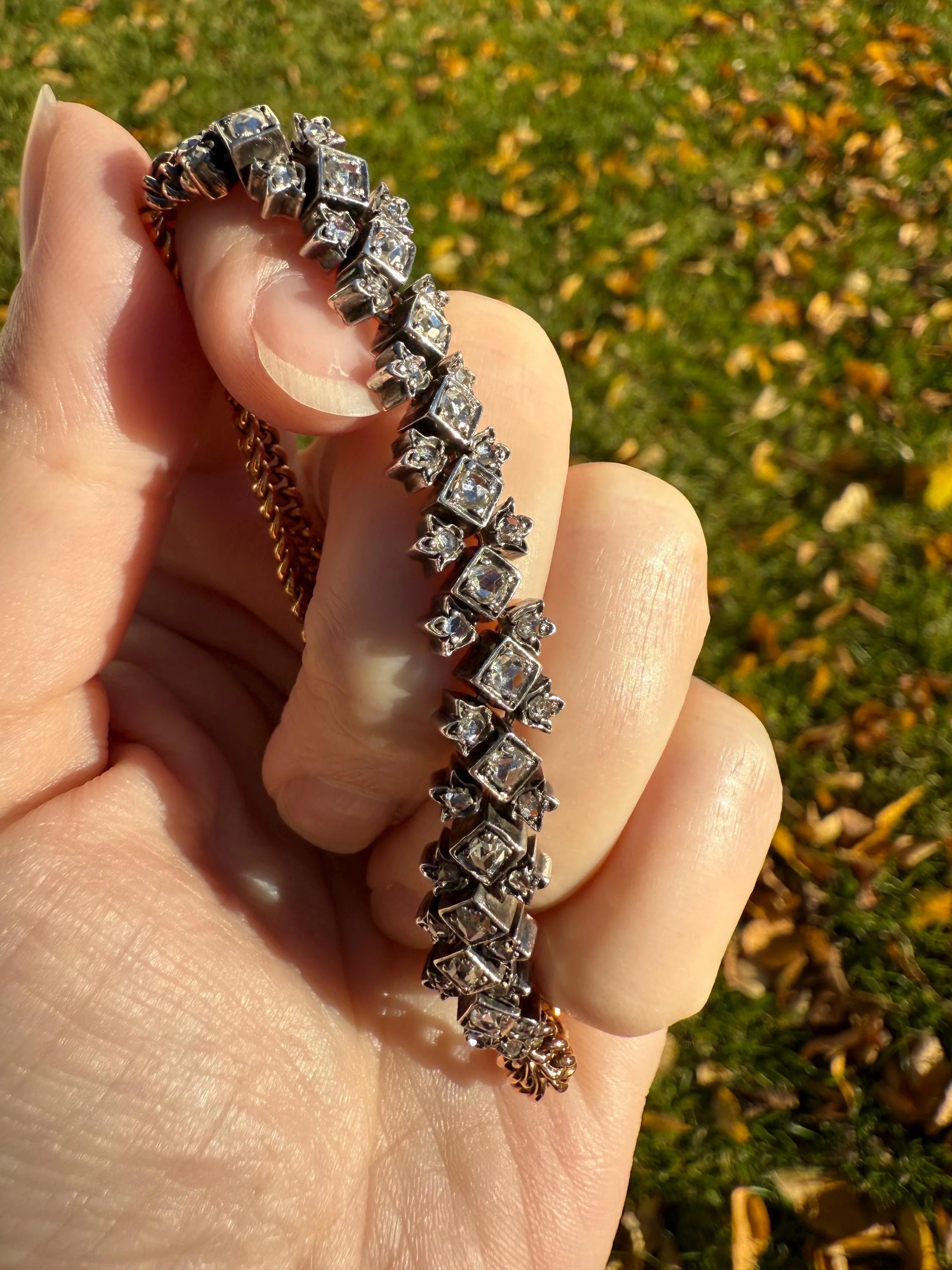 Antique 43 Rose Cut DIAMOND French Victorian Double Cable Chain Bracelet 18k Gold Solid Silver Floral Linear Wriststack Belle Epoque Tennis - Image 5