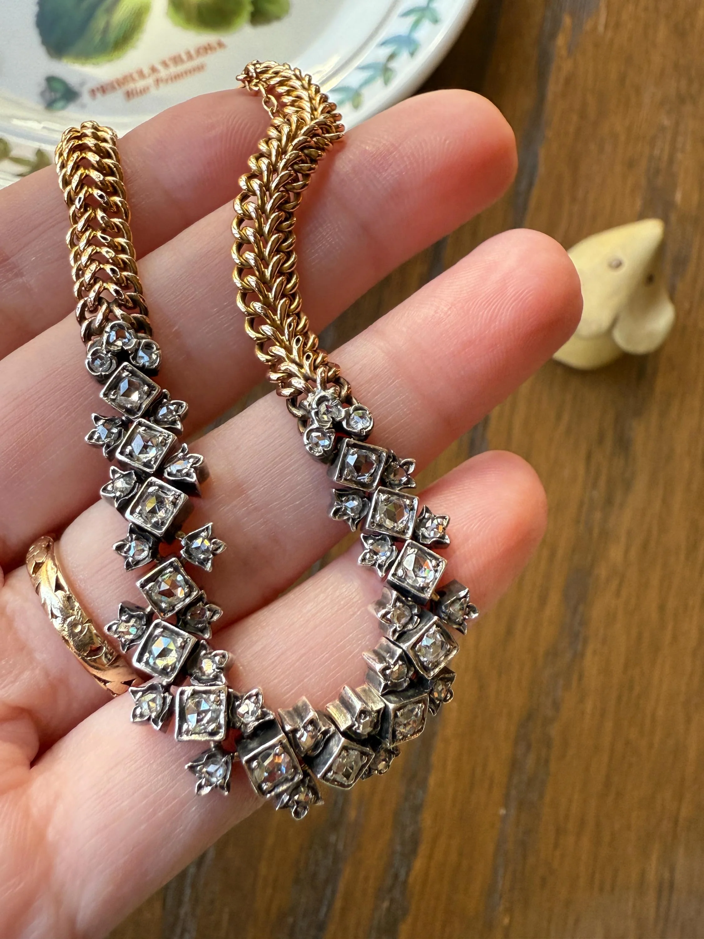 Antique 43 Rose Cut DIAMOND French Victorian Double Cable Chain Bracelet 18k Gold Solid Silver Floral Linear Wriststack Belle Epoque Tennis - Image 6
