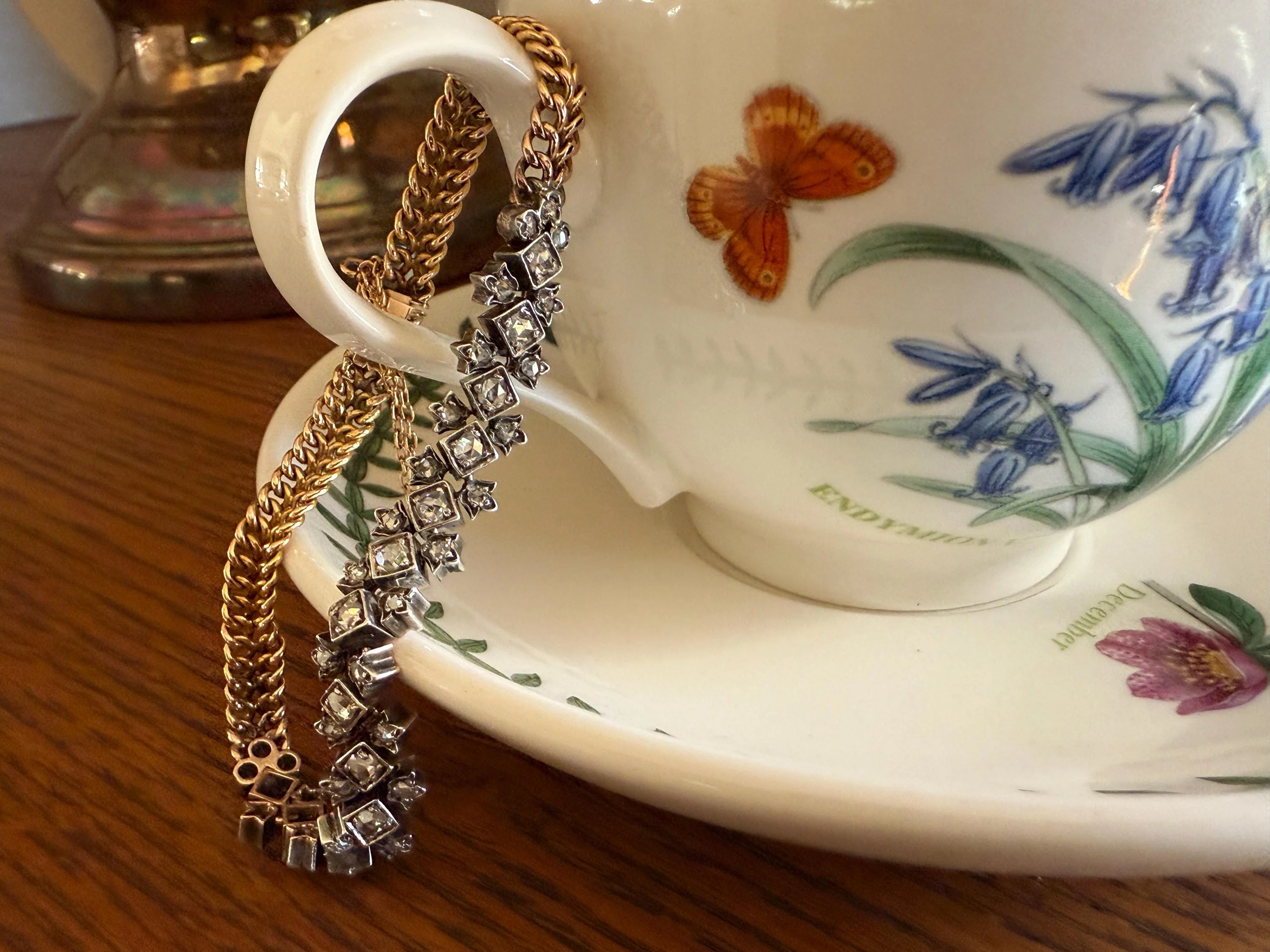 Antique 43 Rose Cut DIAMOND French Victorian Double Cable Chain Bracelet 18k Gold Solid Silver Floral Linear Wriststack Belle Epoque Tennis - Image 7