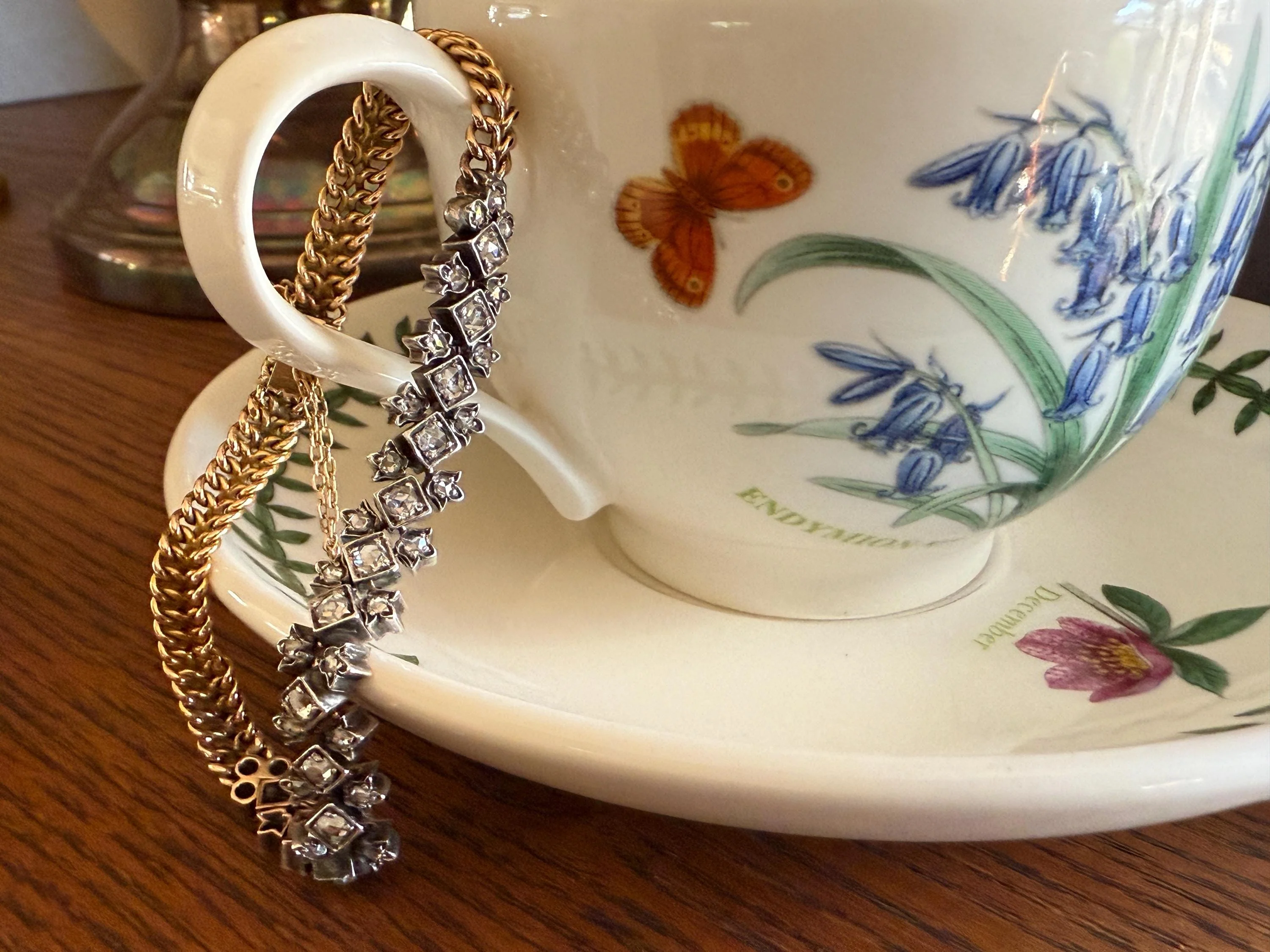 Antique 43 Rose Cut DIAMOND French Victorian Double Cable Chain Bracelet 18k Gold Solid Silver Floral Linear Wriststack Belle Epoque Tennis - Image 9