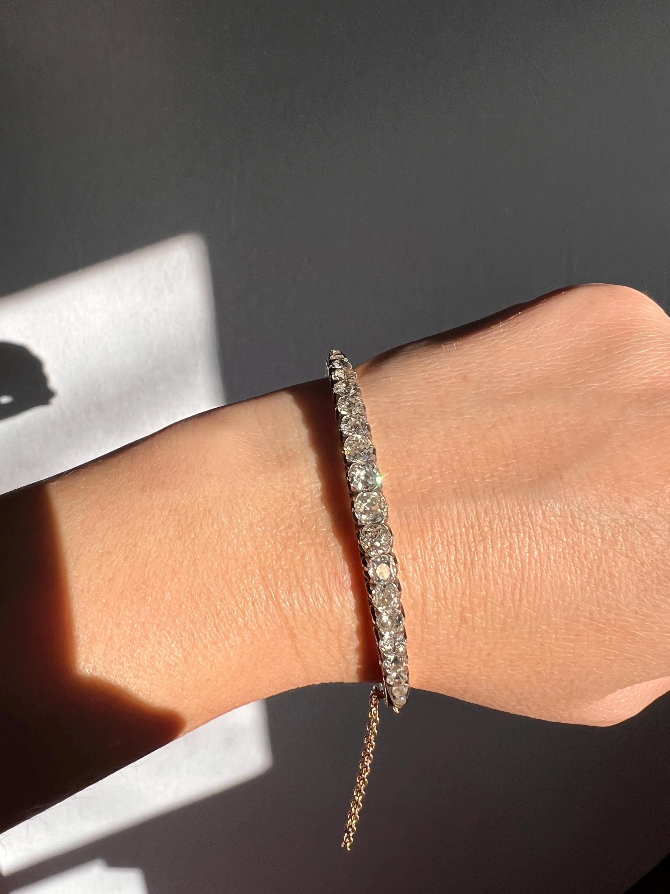 Antique 4.35 CARAT Old Mine Cut DIAMOND Encrusted Hinged Bangle Line Bracelet 18k Gold Victorian Wriststack - Image 2