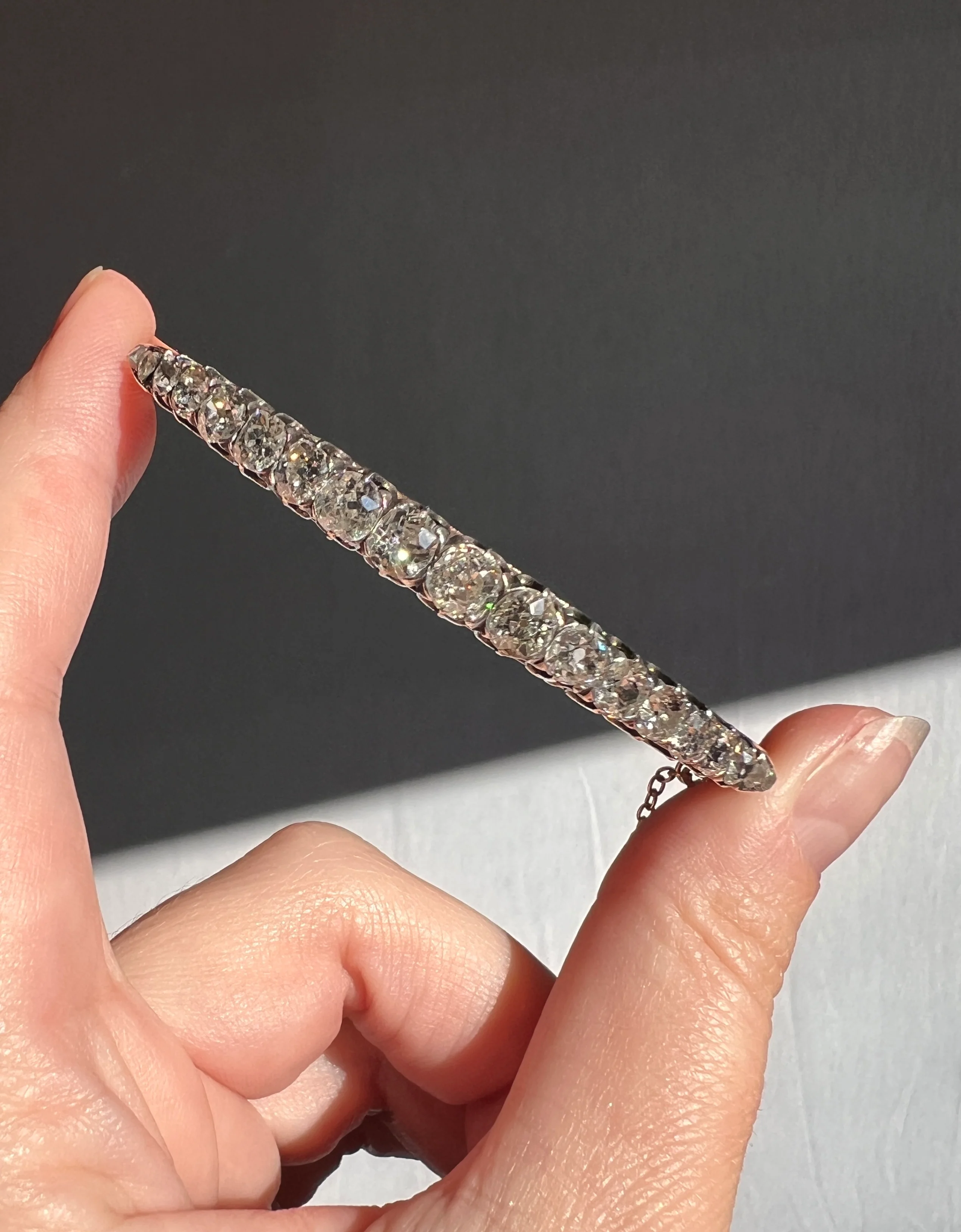 Antique 4.35 CARAT Old Mine Cut DIAMOND Encrusted Hinged Bangle Line Bracelet 18k Gold Victorian Wriststack - Image 20