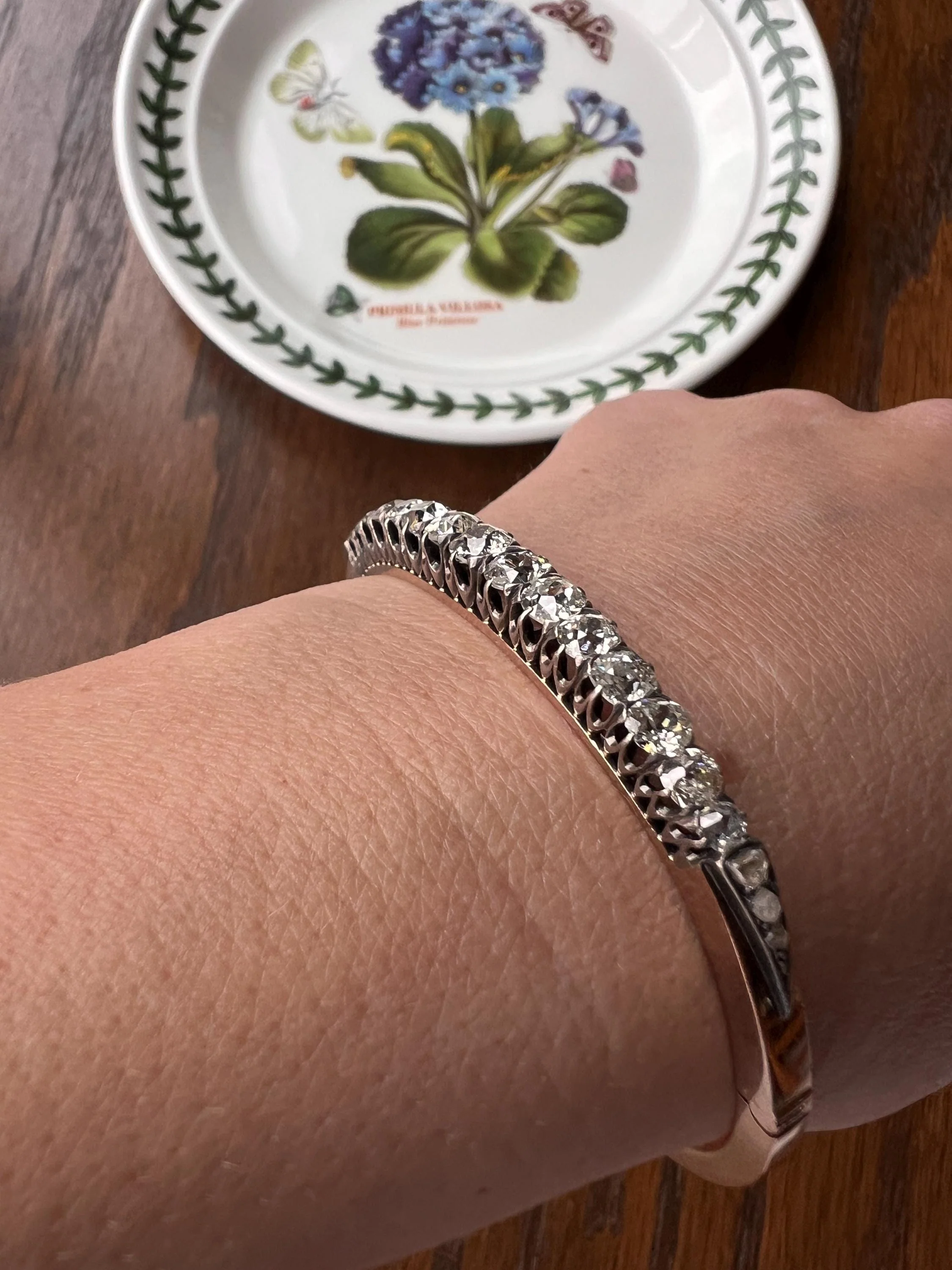Antique 4.35 CARAT Old Mine Cut DIAMOND Encrusted Hinged Bangle Line Bracelet 18k Gold Victorian Wriststack - Image 6