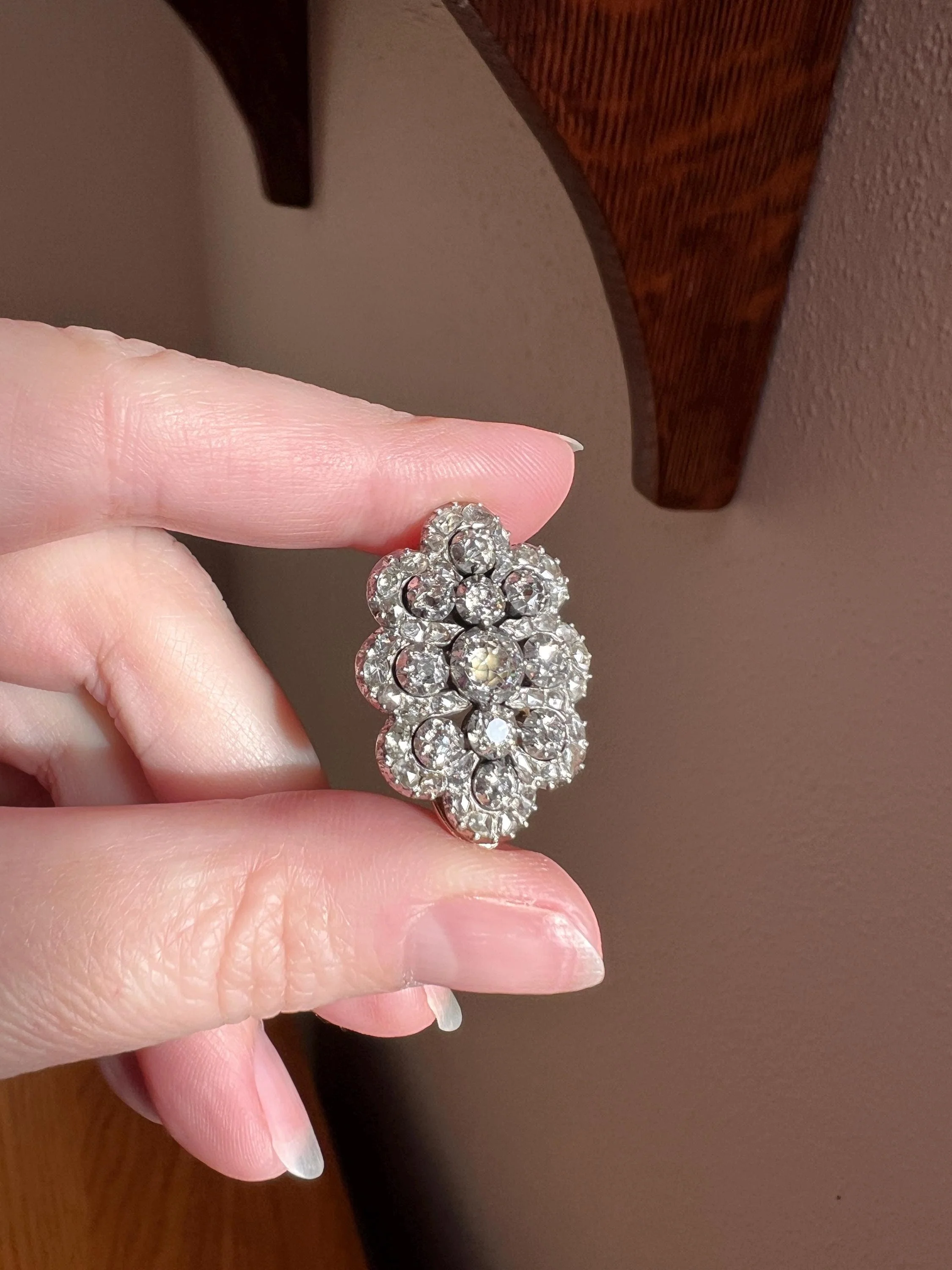 Antique 4.5 Carat Each Rose Old Mine Cut DIAMOND Chunky Scalloped Clip Pendant Lapel Shoe Collar Necklace Two Avail French 9k Gold Silver - Image 11