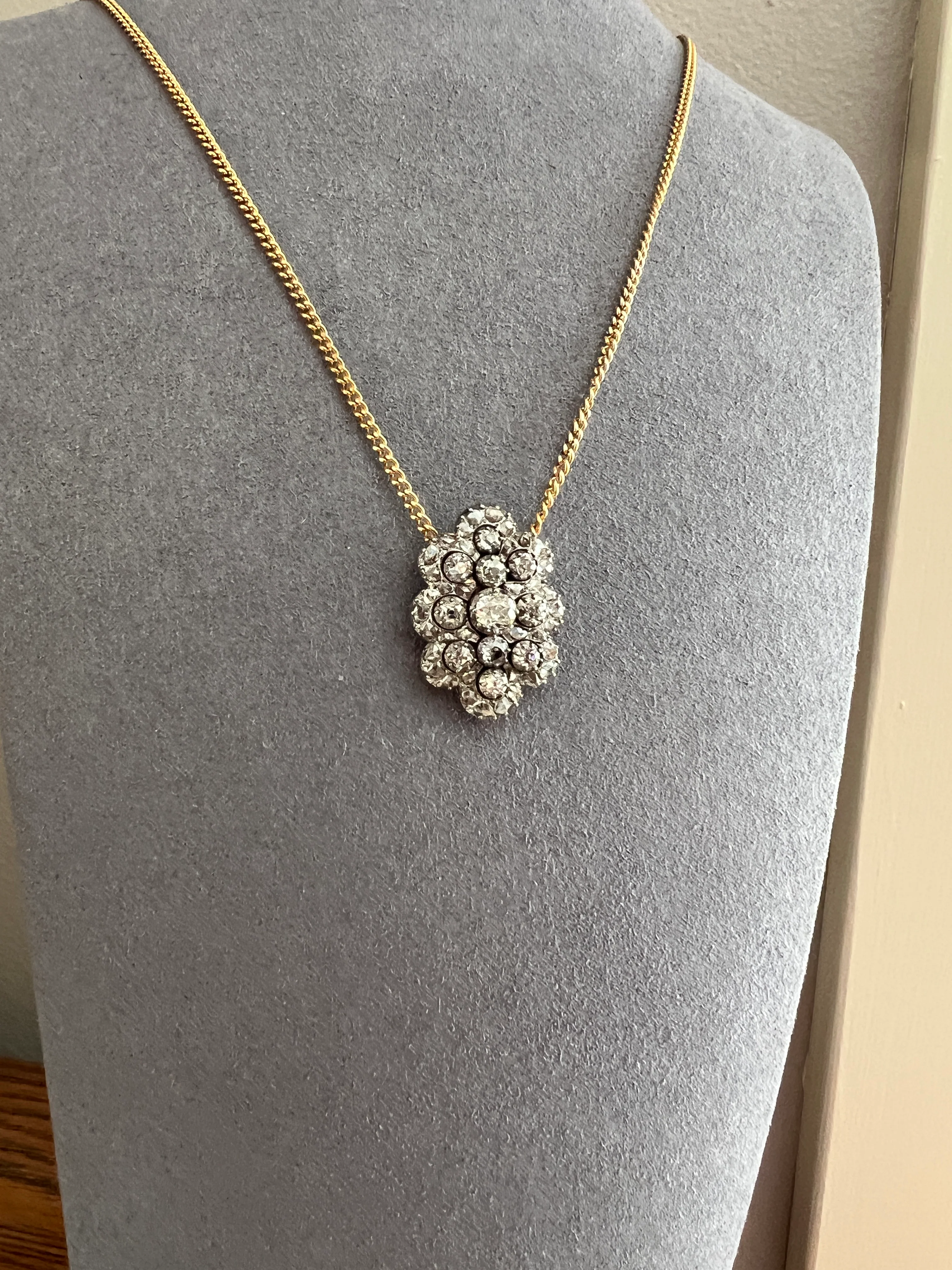 Antique 4.5 Carat Each Rose Old Mine Cut DIAMOND Chunky Scalloped Clip Pendant Lapel Shoe Collar Necklace Two Avail French 9k Gold Silver - Image 13