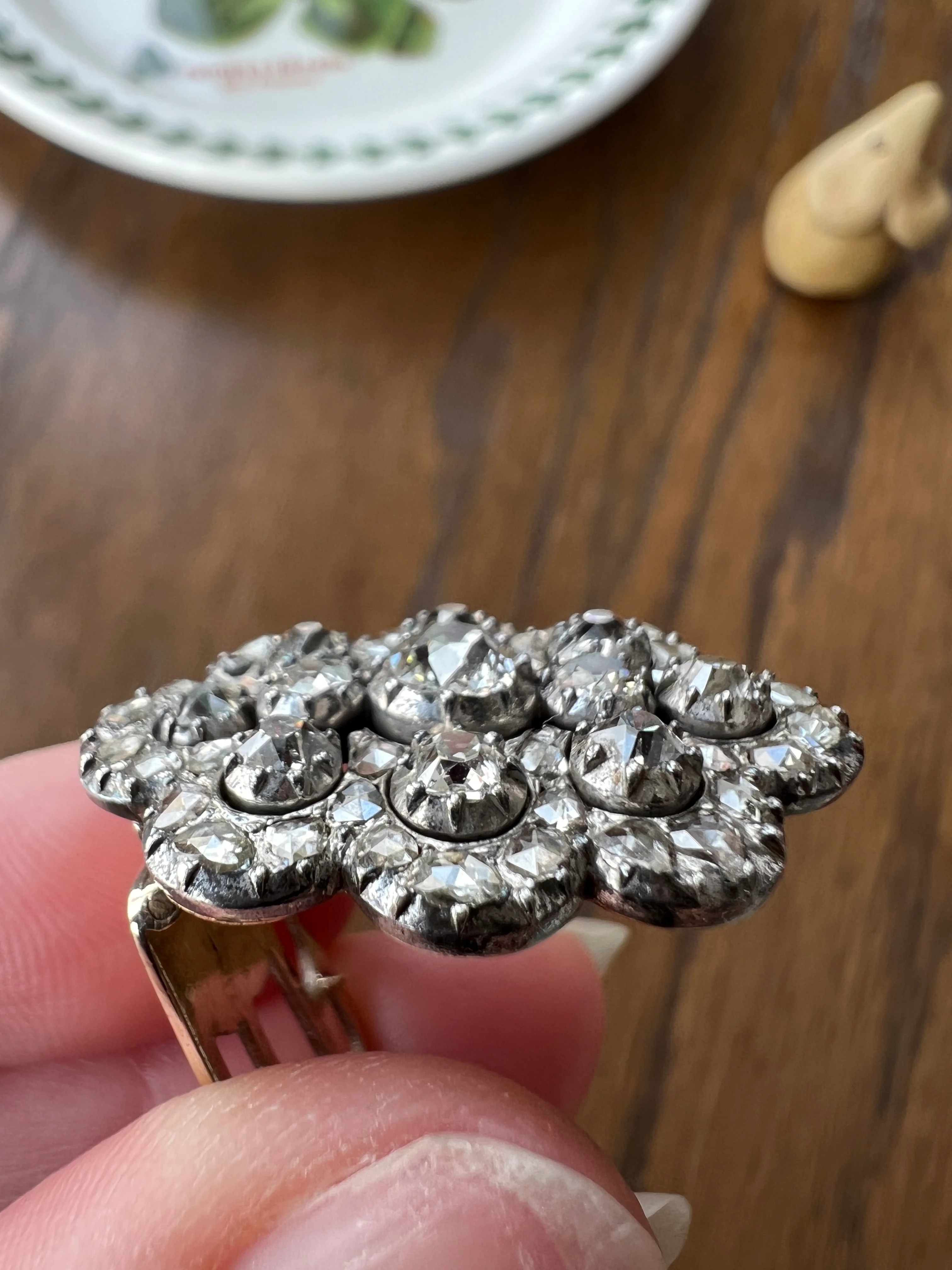 Antique 4.5 Carat Each Rose Old Mine Cut DIAMOND Chunky Scalloped Clip Pendant Lapel Shoe Collar Necklace Two Avail French 9k Gold Silver - Image 14